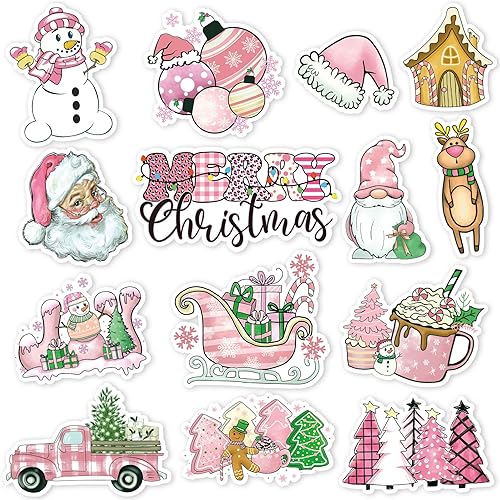 Miniatura 1 de Whaline 14 imanes de Navidad rosados para refrigerador, diseño de Papá Noel, muñeco de nieve, calcomanías magnéticas decorativas para nevera con