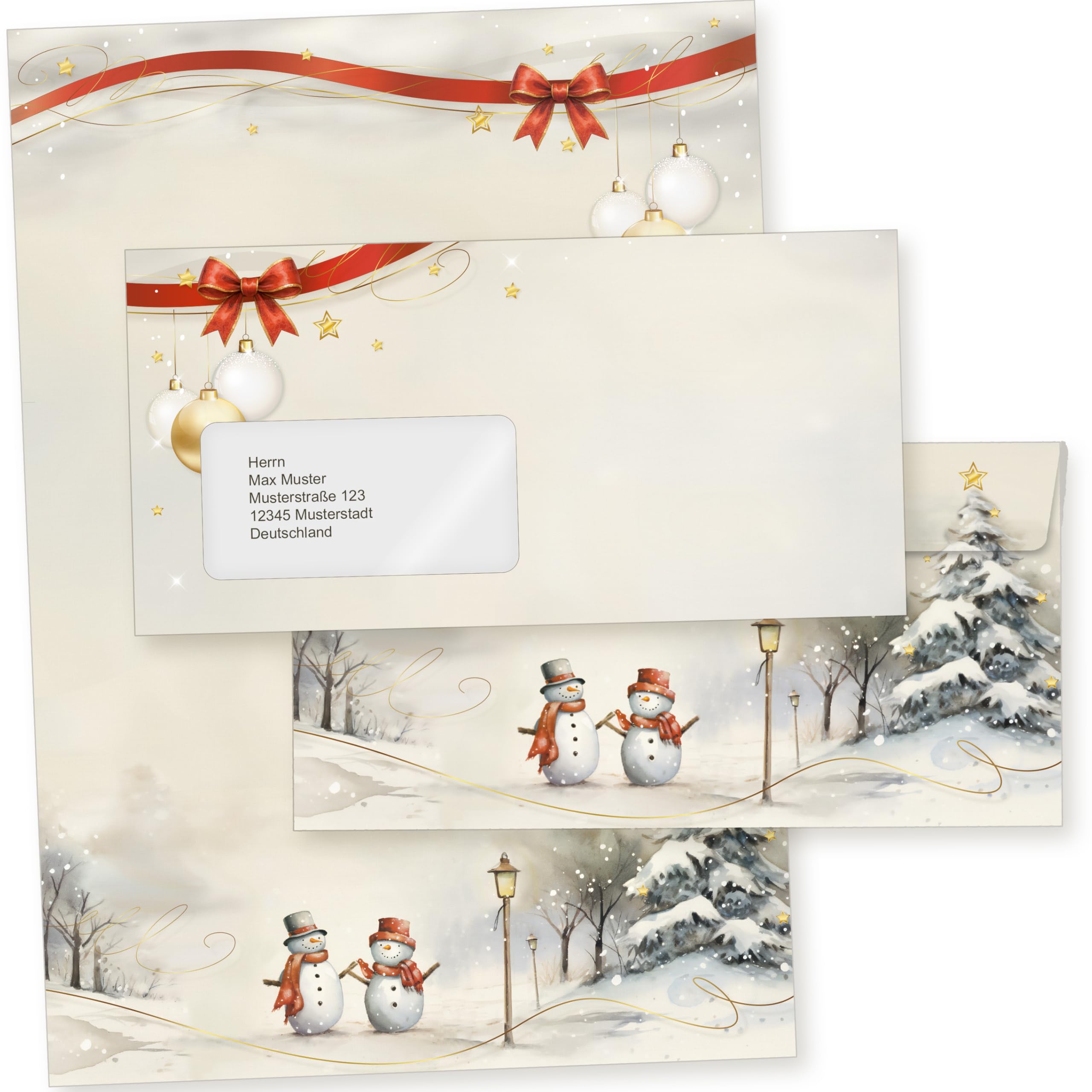 Snöfest 250 Sets Weihnachtsbriefpapier mit Fensterumschlag, Briefpapier Weihnachten A4 mit Umschlag mit Fenster