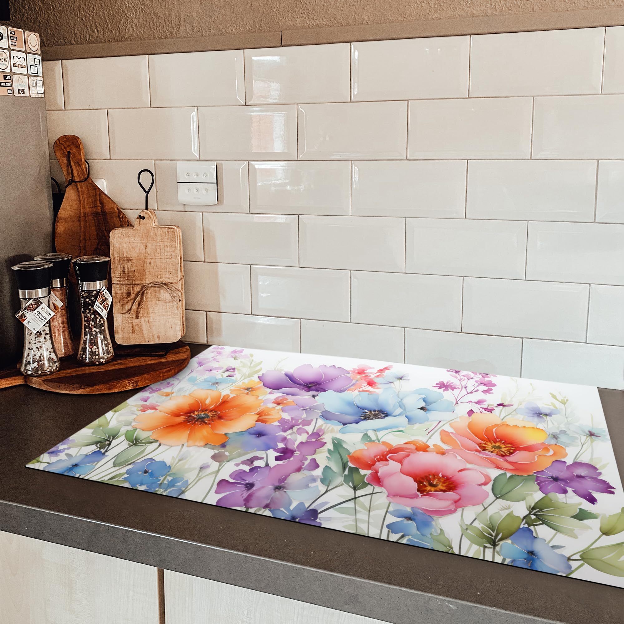 KitchenYeah© Protezione Piano Induzione 80x52 cm Cucina Copri Fornelli Proteggi di Cottura Antiscivolo Tappetino Acquerello - Fiori - Primavera - Natura