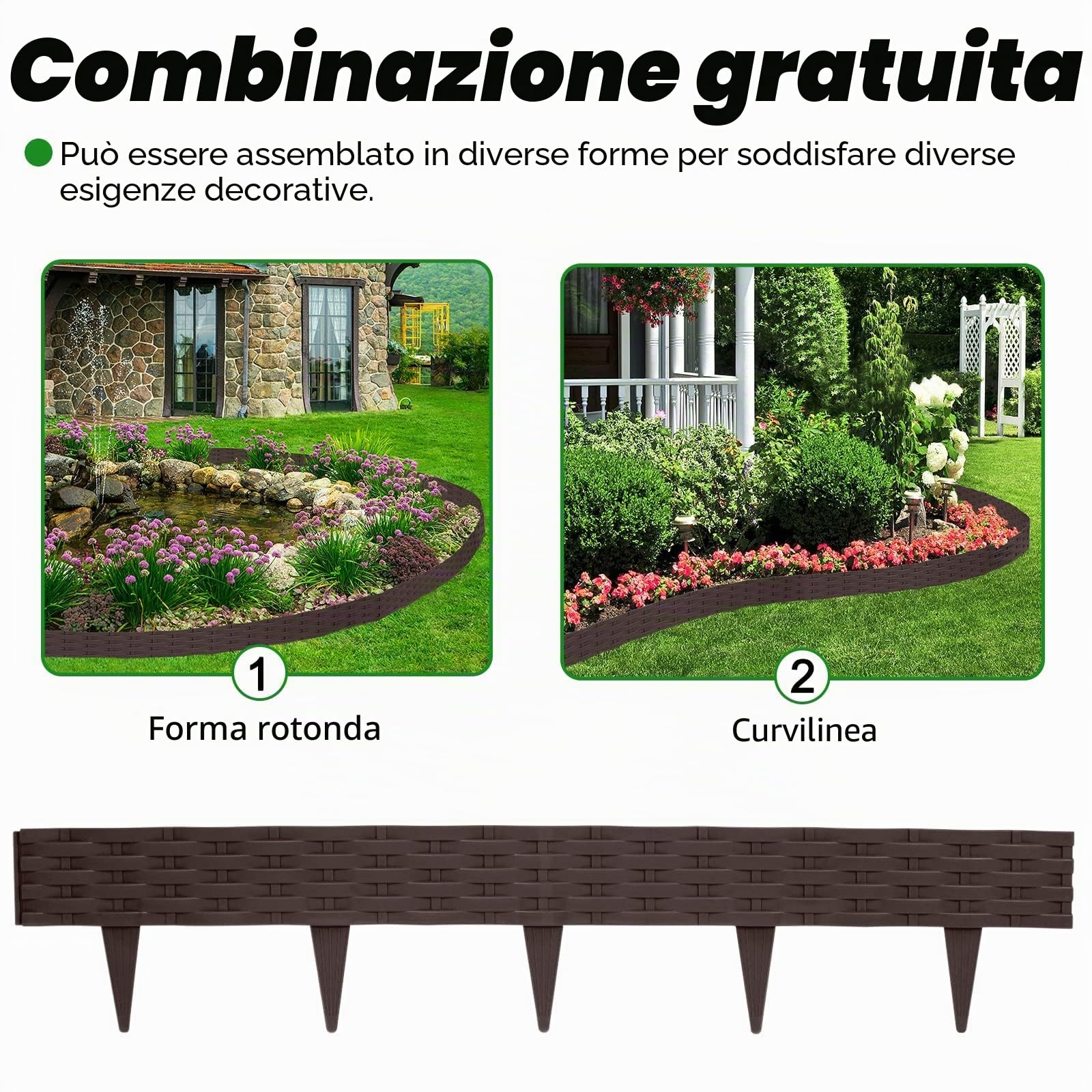 LZQ Bordo per aiuole, 10 m, rotondo, in plastica, con 10 elementi da 1 m, colore marrone