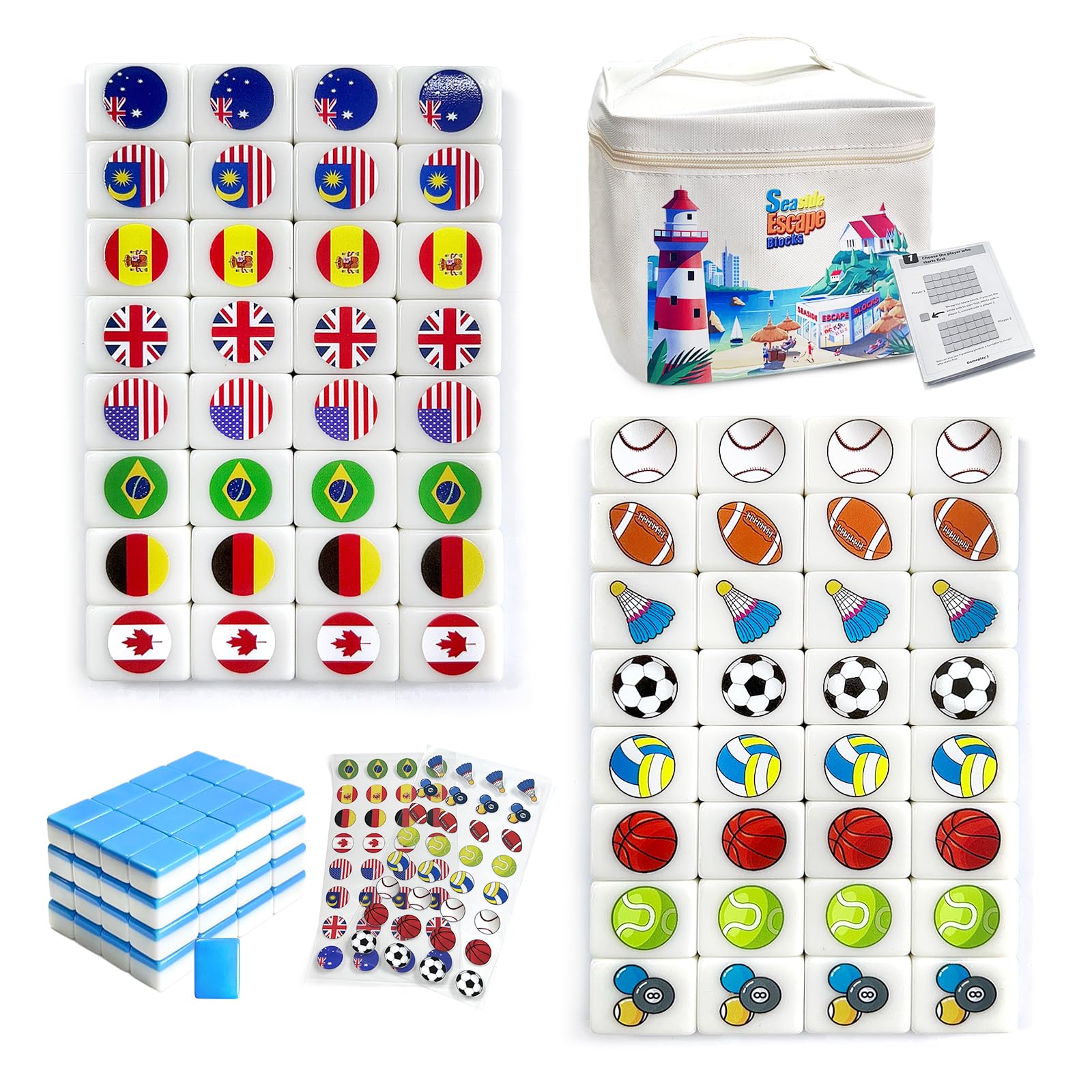 Tewzafiya Seaside Escape Game Blocks Mahjong - Blocs de jeu Mahjong avec 65 pions et motif de Tewzafiya Seaside Escape Game Blocks Mahjong - Blocs de jeu Mahjong avec 65 pions et motif de