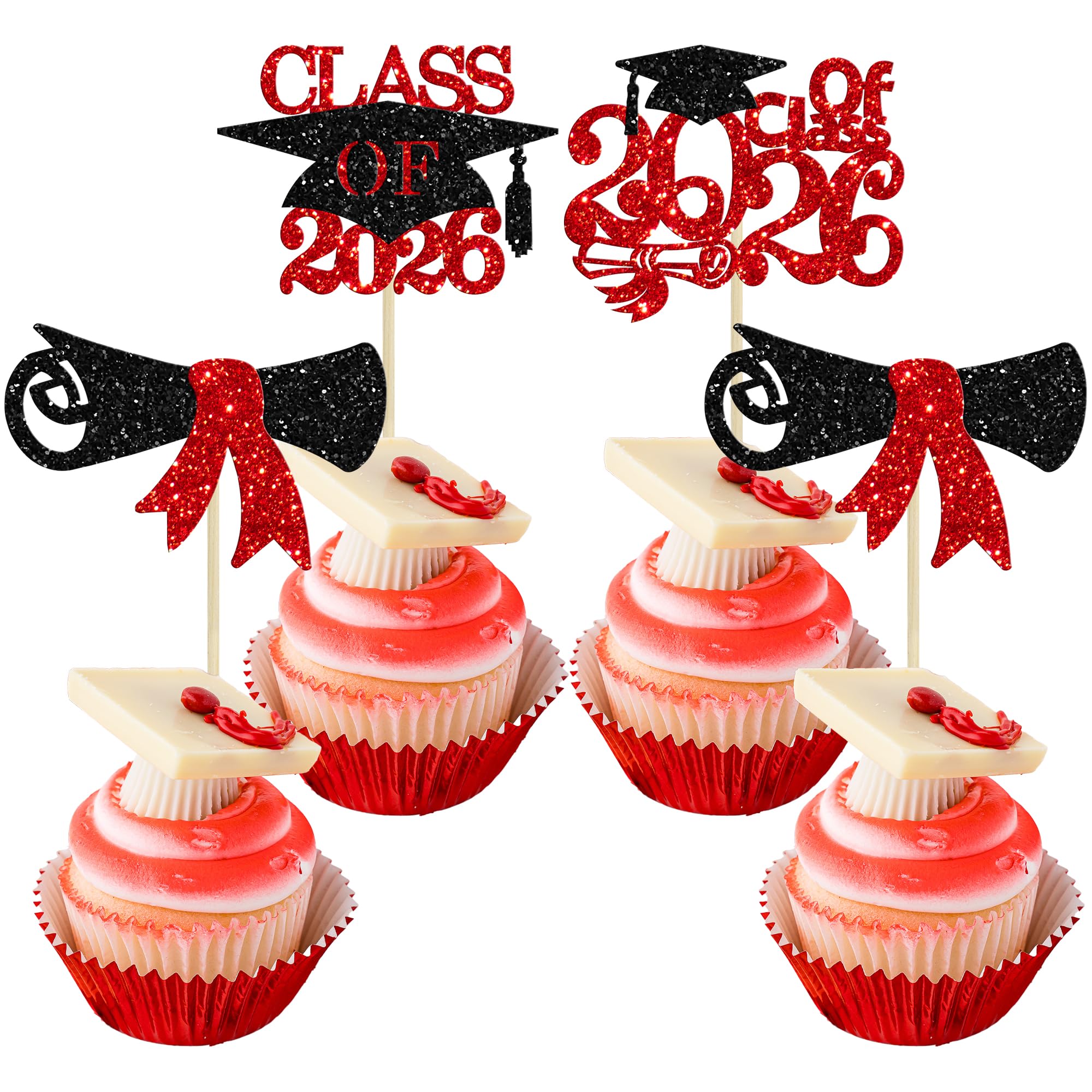 Gyufise 24Pcs Class of 2026 Cupcake Toppers Glitter Diploma Grad Cap 2026 Graduation Cupcake Picks for 2026 Graduation Theme Party Cake Decoration Supplies Red Black