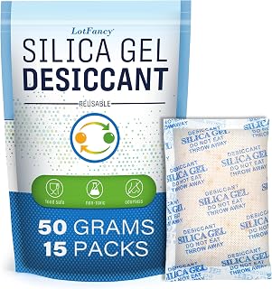 LotFancy 50g Silica Gel Packets, 15 Rechargeable Desiccant Packs with Orange Indicator - Non-Toxic Moisture Absorbers for Storage