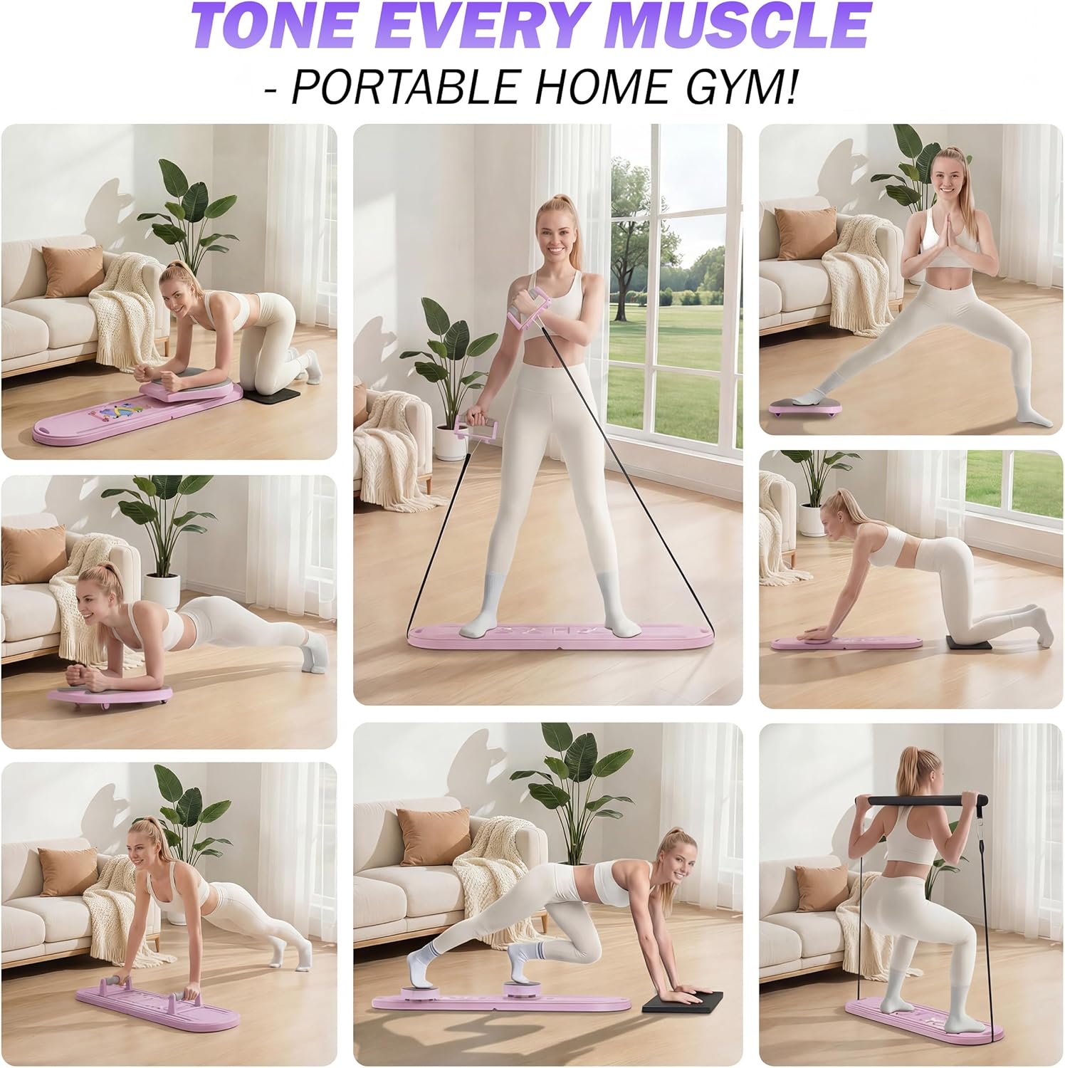 Pilates Board Portable 6 in 1 Pilates Reformer Foldable Pilates Reformer Board for Home Multifunctional Abdominal Pilates Board for Home Ab Board Trainer Pilates Exercise Machine for Women Purple