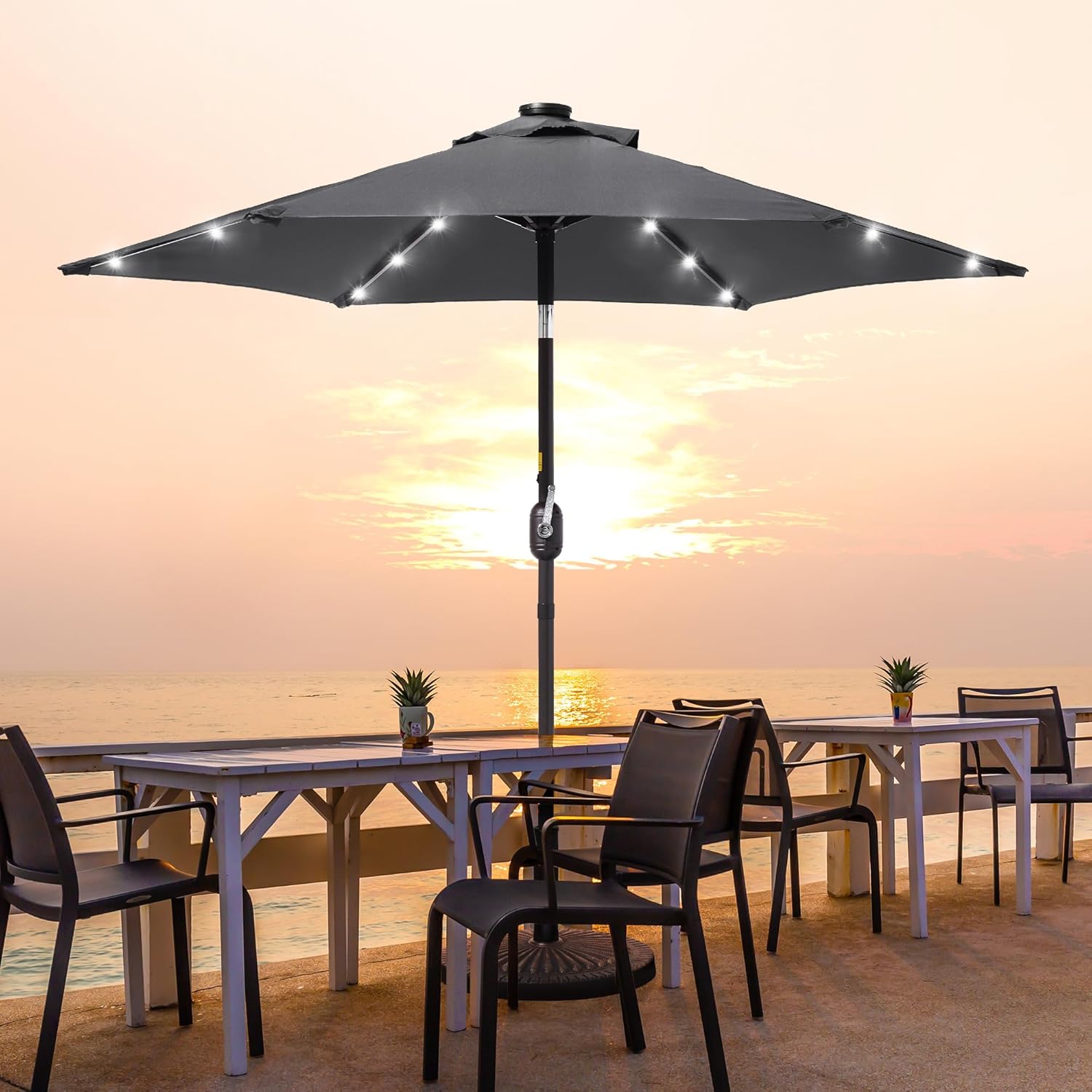 7.5ft Solar Patio Umbrella, Steel umbrella outdoor patio with Tilt and Crank, Waterproof Sunshade Canopy, 6 Ribs Outdoor Umbrella for Garden Deck Backyard Pool,Anthracite