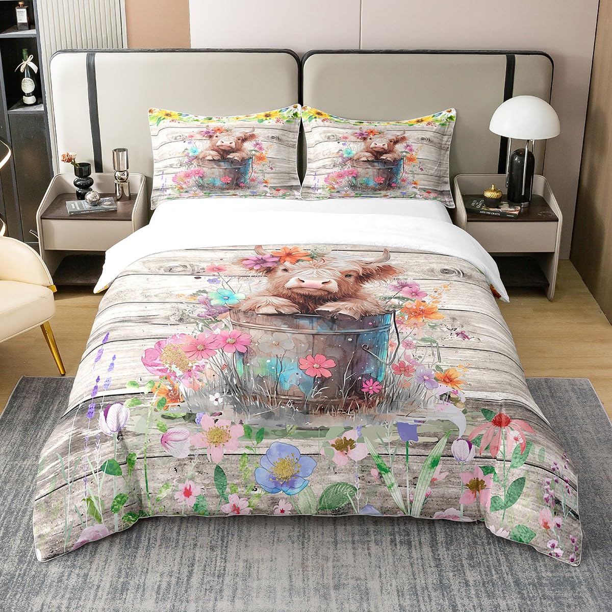 100% Natural Cotton Cute Highland Cow Duvet Cover Retro Colorful Flowers Rustic Style Bedding Set for Kids Teens Adults Wooden Stripes Watercolor Wild Animal Quilt Cover with 2 Pillowcases Double Size