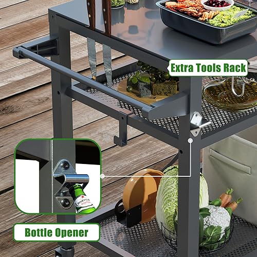 Vista 21 de Domi - Carrito de 3 estantes para parrilla al aire libre con ruedas, mesa para horno de pizza y mesa de preparación de alimentos, mesa de acero