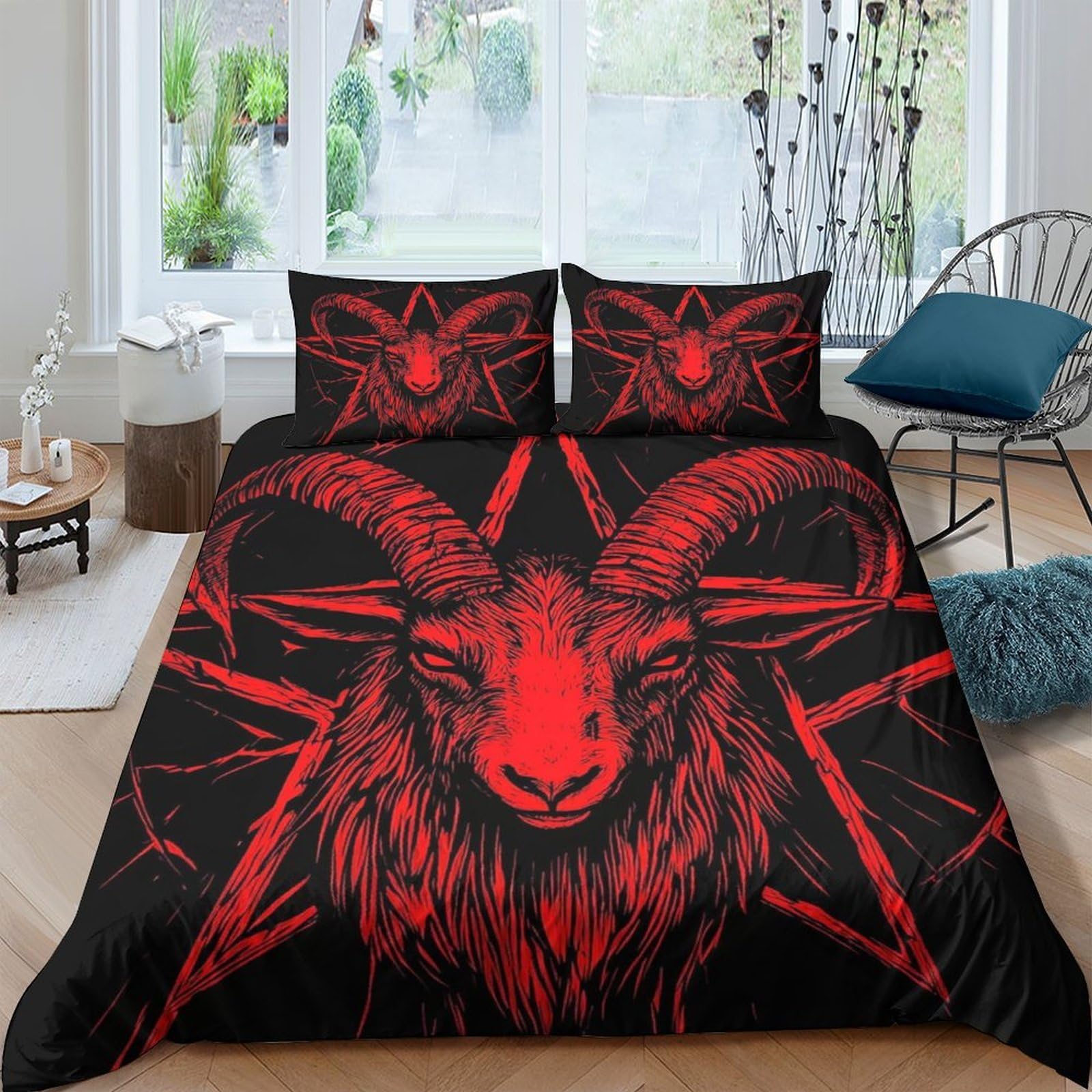 Ctjqhvkz Style-9 3D Printed Red Goat Pentagram Fitted Sheet Microfiber Slip-Resistant Black Bed Cover For Bedroom Dorm Mattress Decor Single（135X200cm）