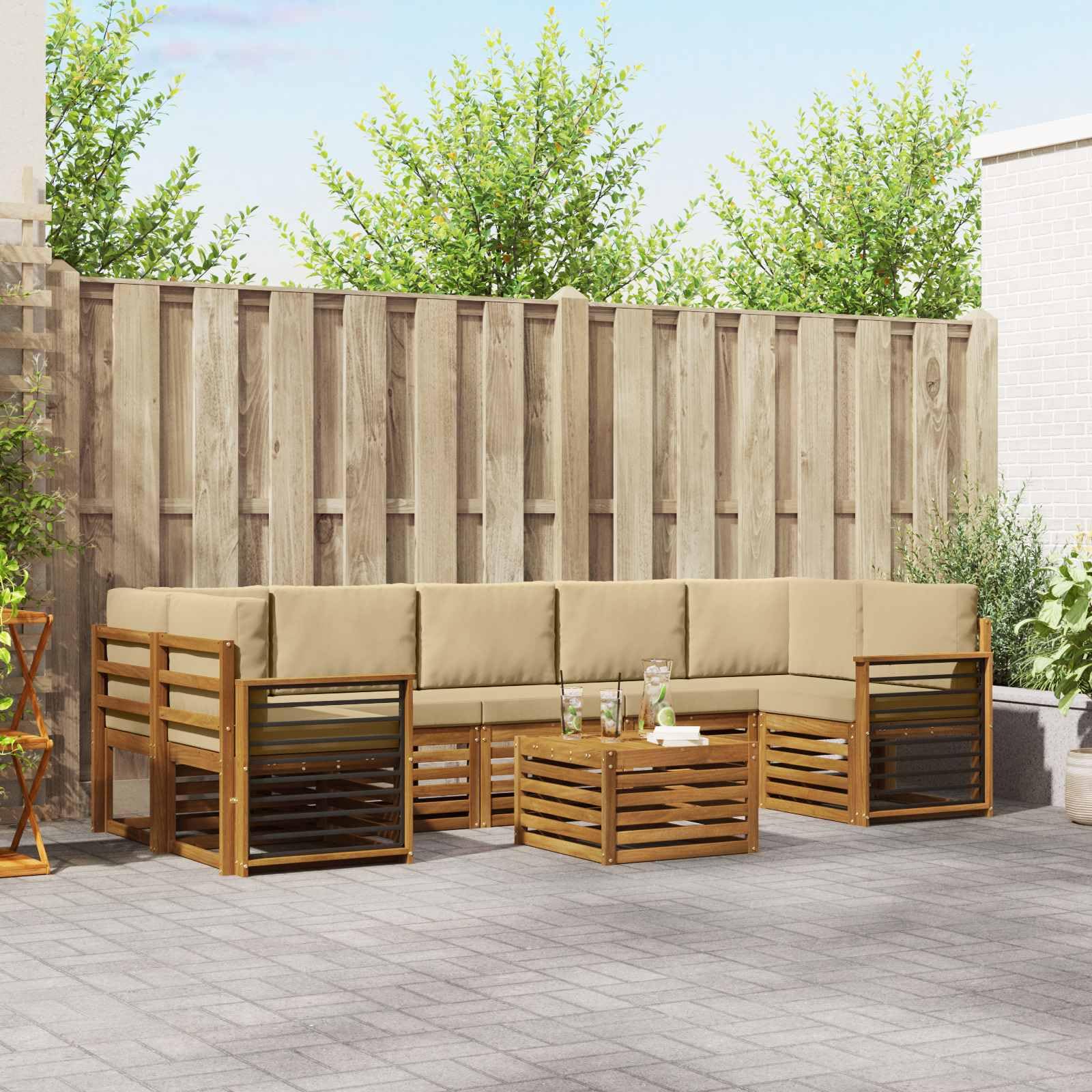 Gartenmöbelset 8-teilig aus massivem Akazienholz Natur Beige wetterfest für Terrasse Balkon Garten Esszimmer Wohnzimmer Moderne Sitzgruppe mit Tisch, Sofas, Stühlen, Kissen, langlebig