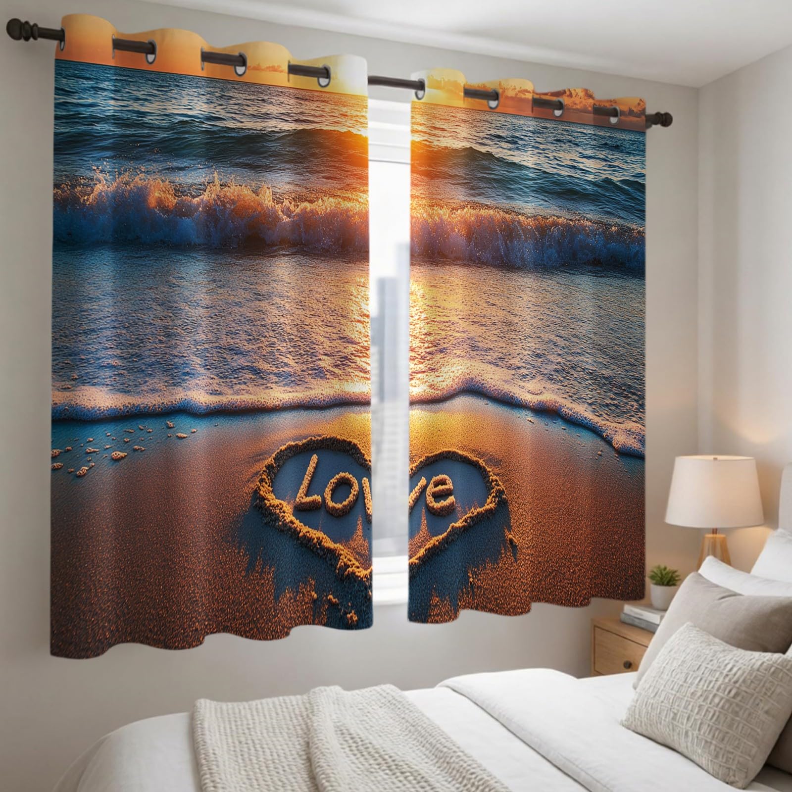 Rideaux Occultants Isolants Thermiques à Œillets Lot de 2, Lever de Soleil, Plage, Vagues 120L X 140H cm pour Salon et Chambre