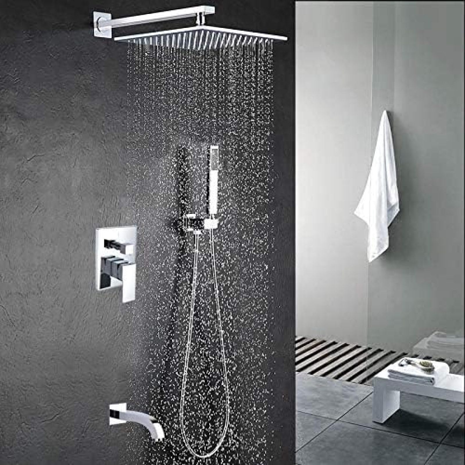Ensemble de douche dissimulé carré chrome et robinet de pomme de douche encastré - 7