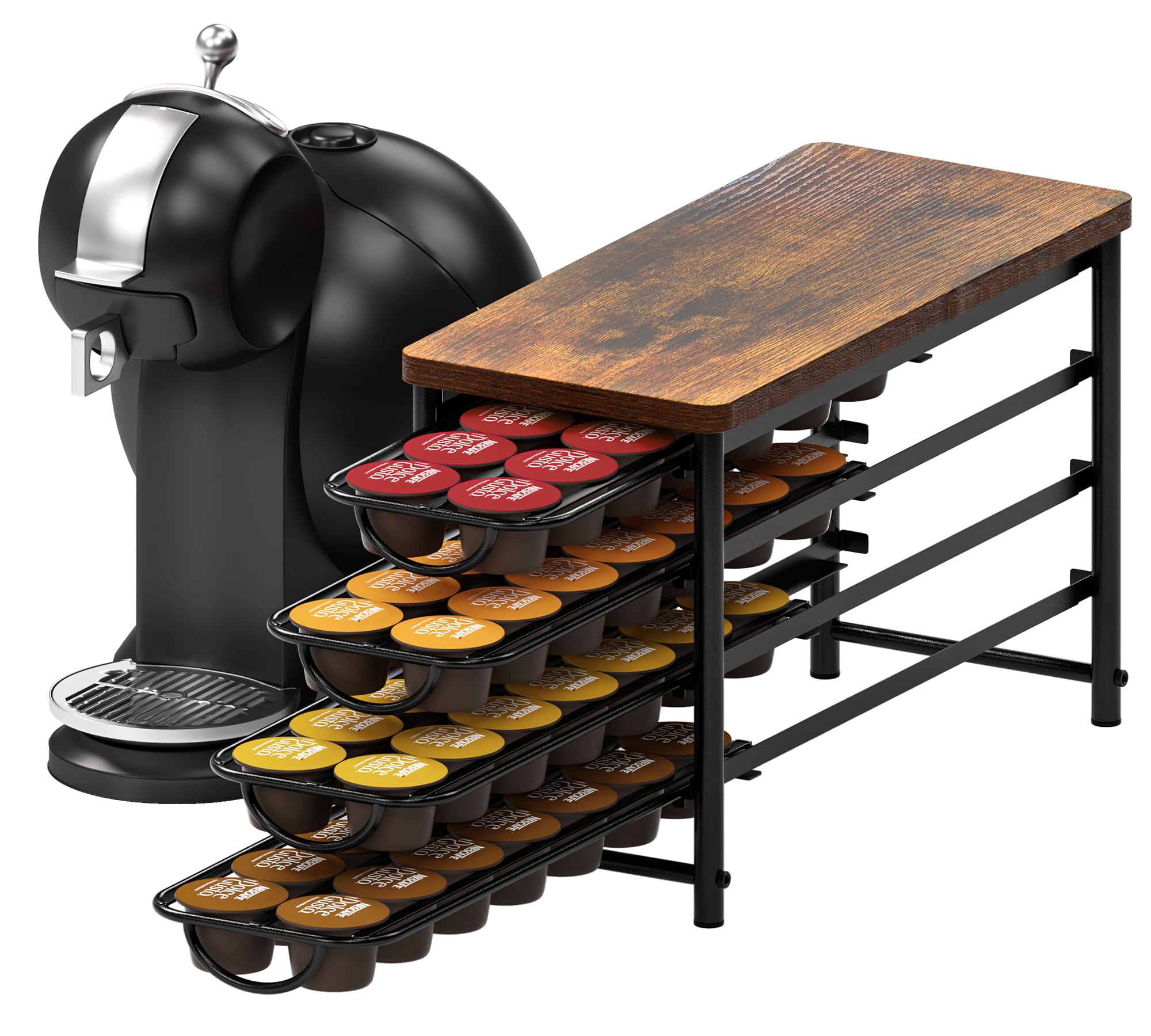 4 Tier Coffee Pod Holder for Dolce Gusto, 56 Capsules Capacity Metal Pod Storge Drawer with Wooden Top, Vintage Non-Slip Sliding Coffee Holder Organizer for Kitchen Small Space Counters