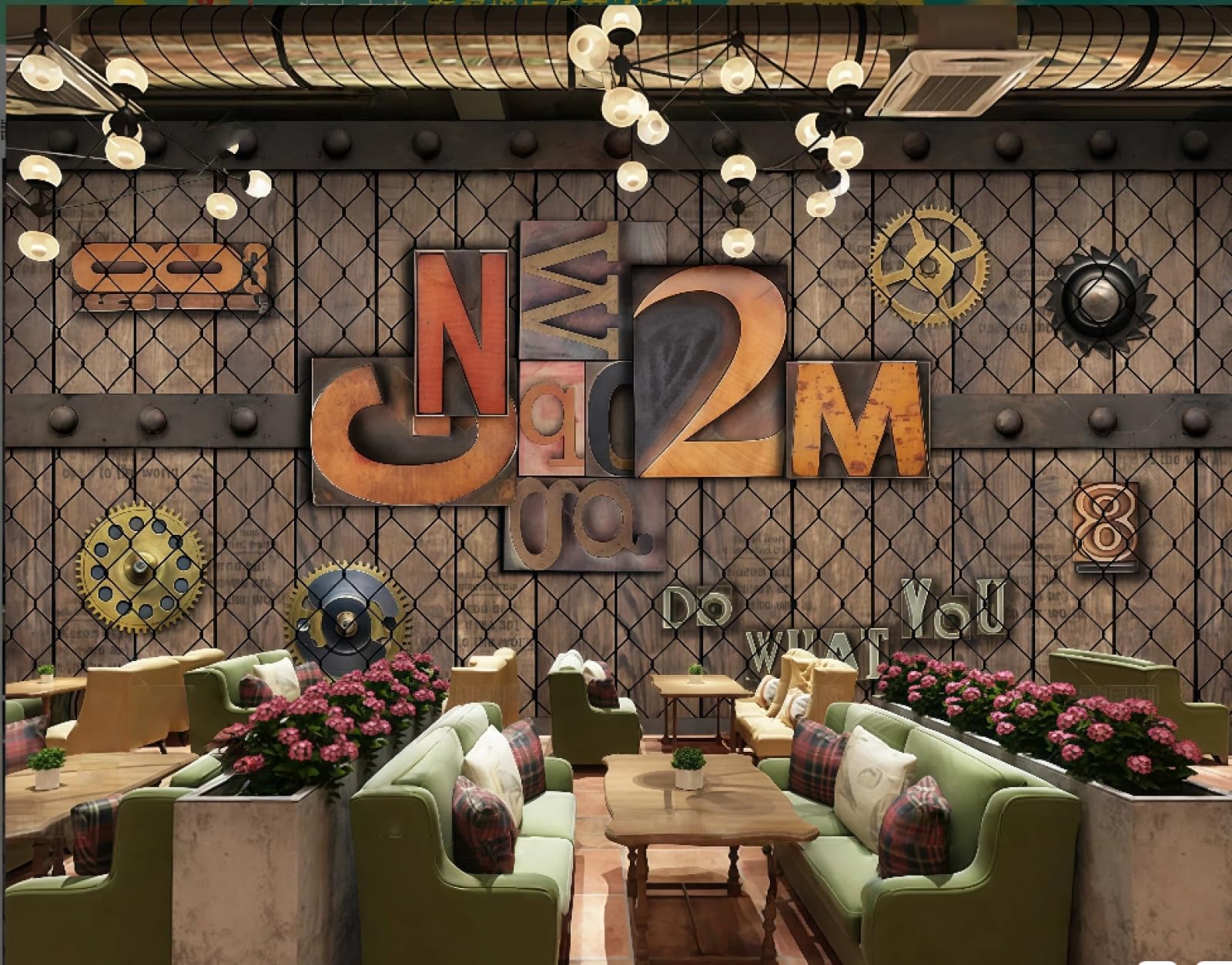 Tapeta nostalgiczny retro drut kolczasty angielskie litery bar centrum handlowe zachodnia restauracja tło fototapeta popołudniowa herbata kawiarnia tapeta 3D, 430 x 300 cm