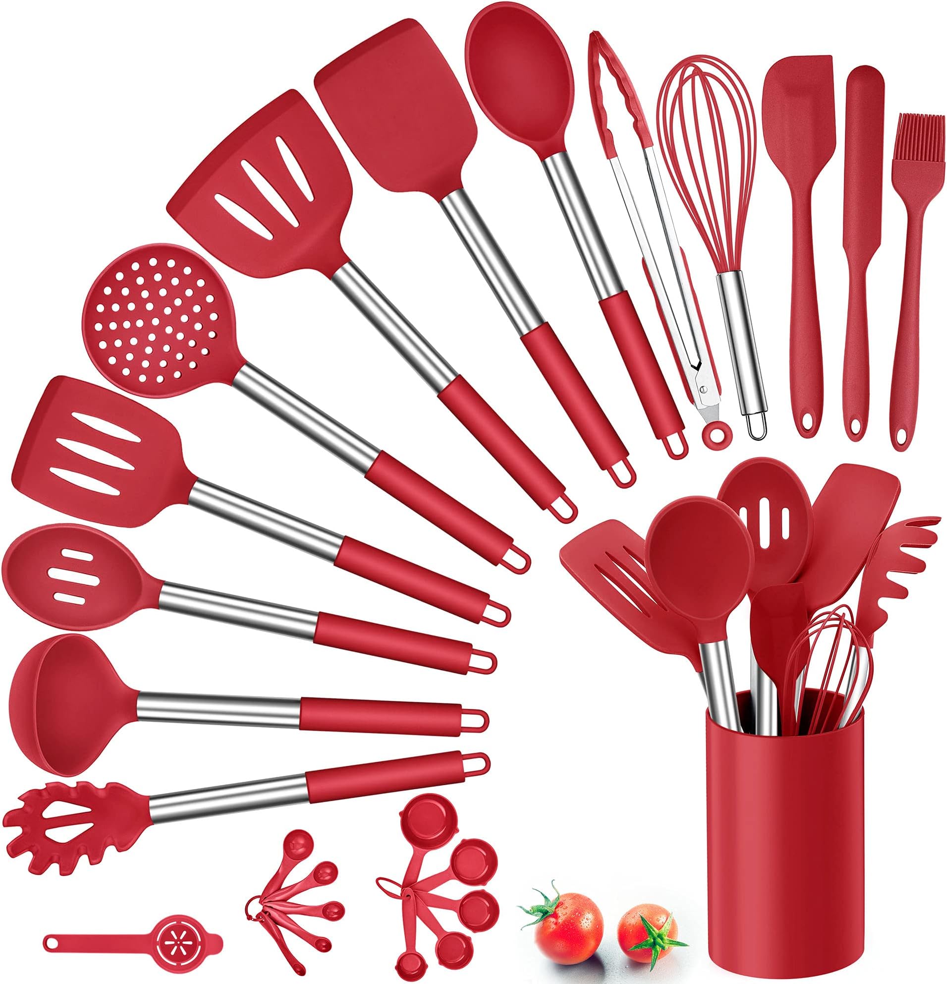 Silicone Kitchen Utensils Set, Herogo 25 Pcs Cooking Utensil with Holder, Heat Resistant Kitchen Tools with Stainless Steel Handle for Non-Stick Cookware, Turner Spatula Spoon Tong Brush Whisk, Red