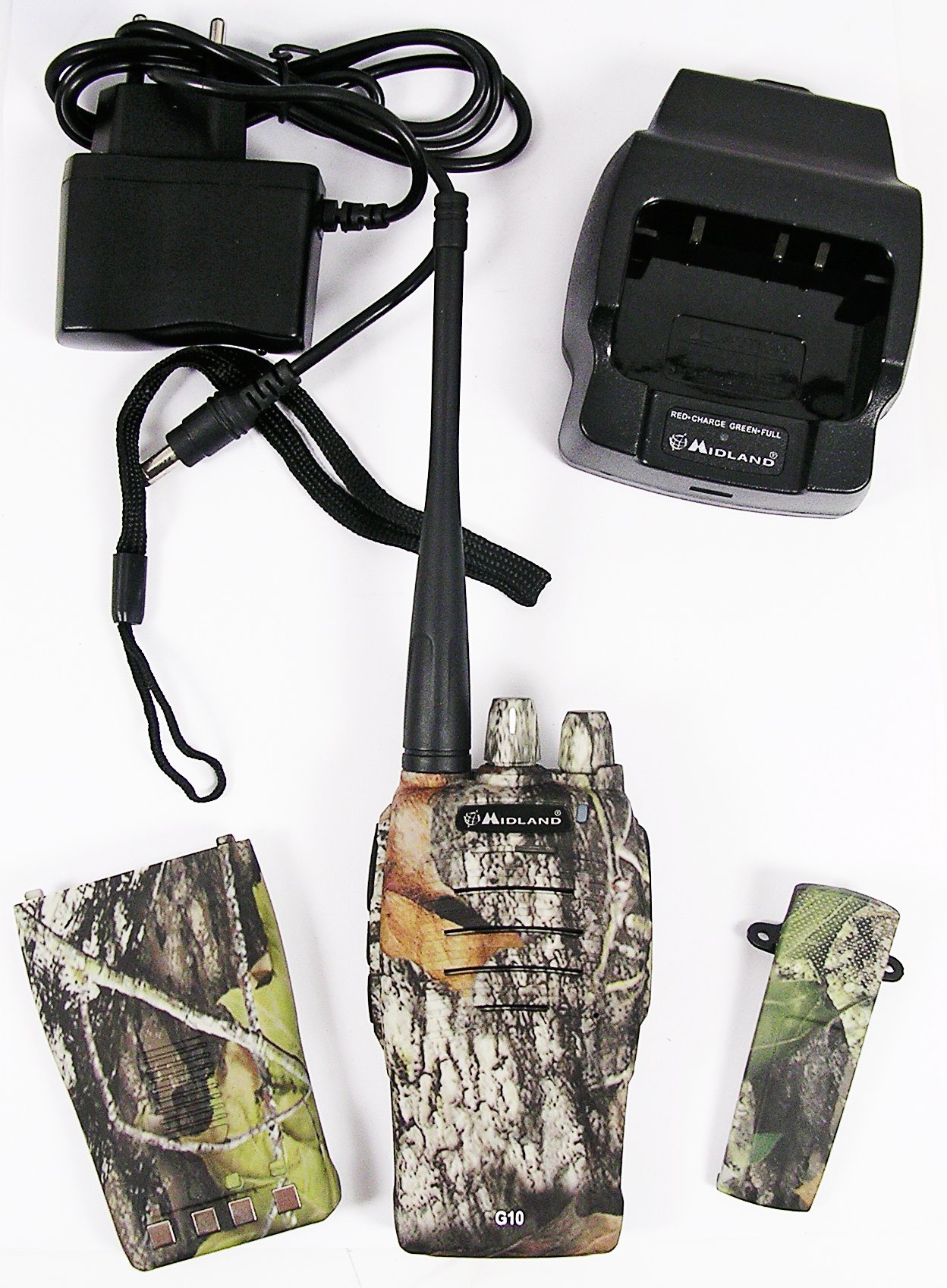 Midland G10 Radio Ricetrasmittente Walkie Talkie con Banda PMR446 - 1 Ricetrasmettitore, Caricabatterie da Tavolo, Adattatore da Muro, Pacco Batteria Ricaricabile e Aggancio Cintura