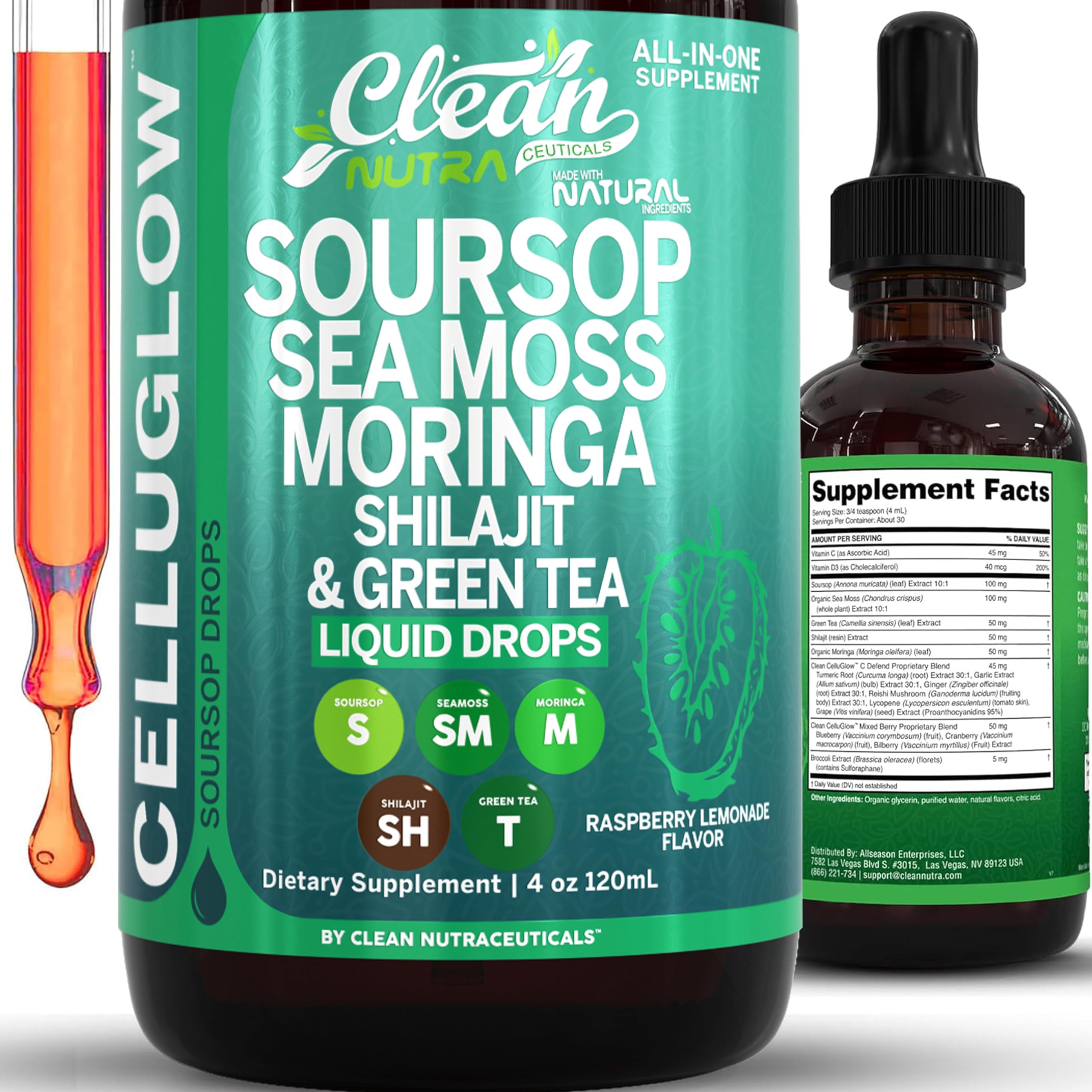 CelluGlow Soursop Bitters Liquid Drops Green Tea Extract Sea Moss Moringa Shilajit Vitamin C D3 Garlic Turmeric Ginger Reishi Mushroom Grape Seed Lycopene Immune Support Supplement by Clean Nutra 4oz