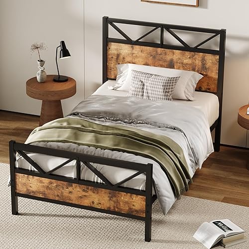 Miniatura 7 de Base de cama individual con cabecera de 51.2 pulgadas de alto, plataforma industrial con fuerte soporte de listones de acero, sin ruido, no necesita