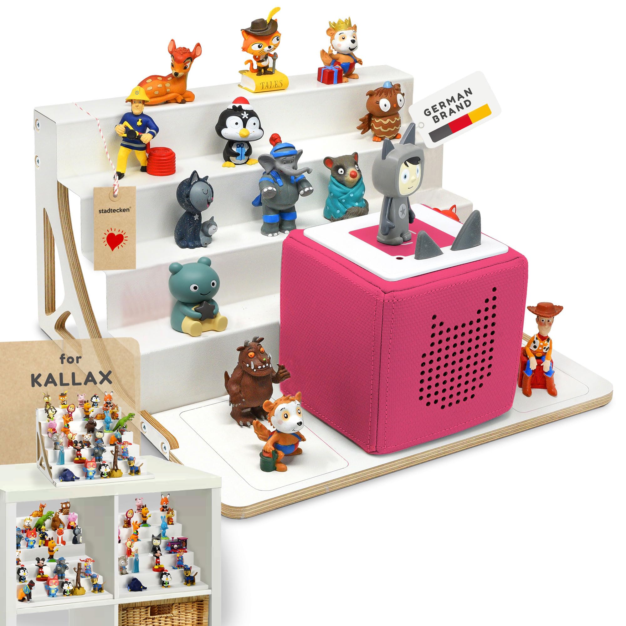 stadtecken® Magnetisches Regal für Musikbox-Figuren – Passend für Kallax und mehr | Optional mit Platz für Toniebox | Geeignet für ca. 40 Figuren | Weiß (BoxPlus)