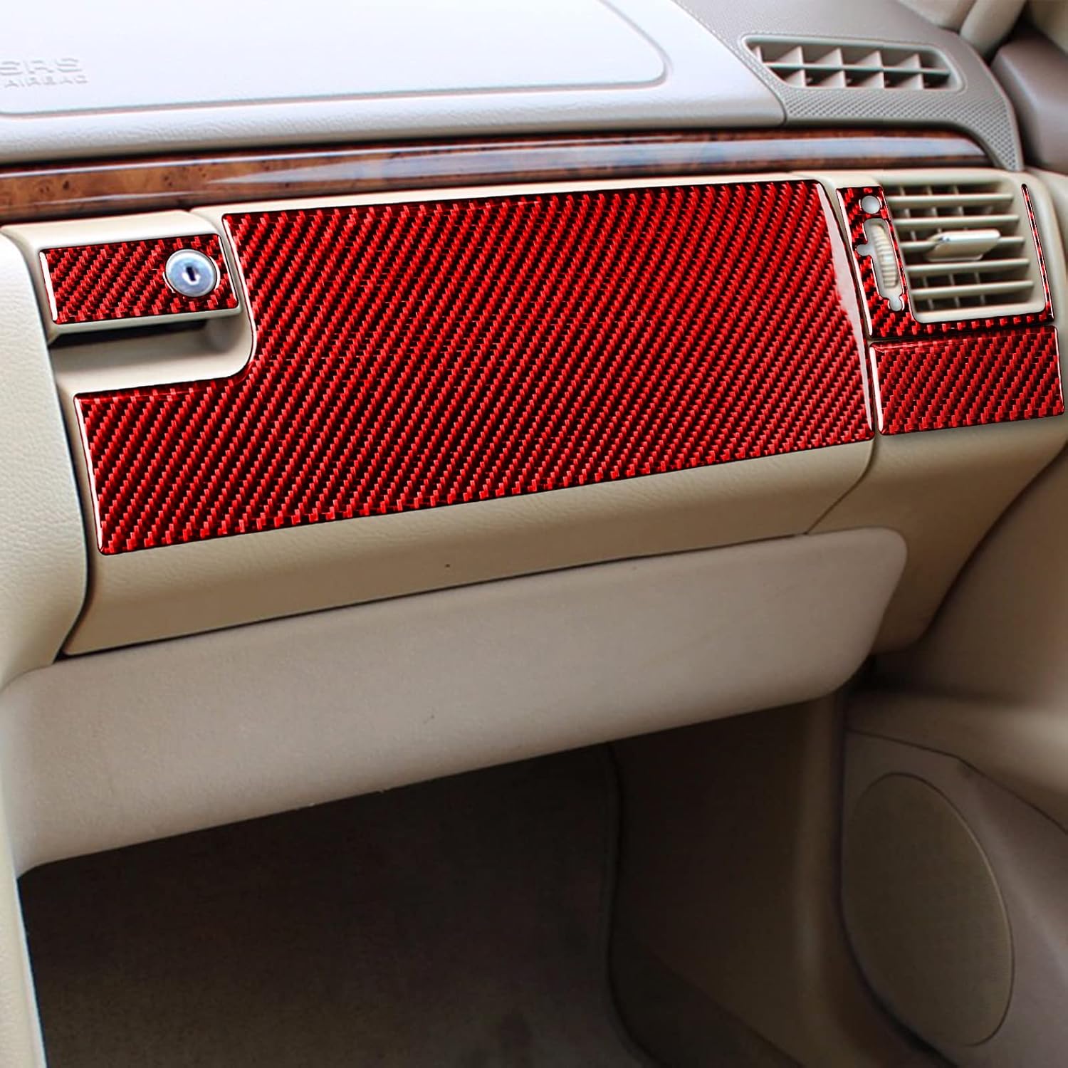 Car Red Carbon Fiber Accessories Passenger-Side Dashboard 4pcs Protective Cover Sticker Compatible with Mercedes Benz E Class W210 1996 1997 1998 1999 2000 2001 2002