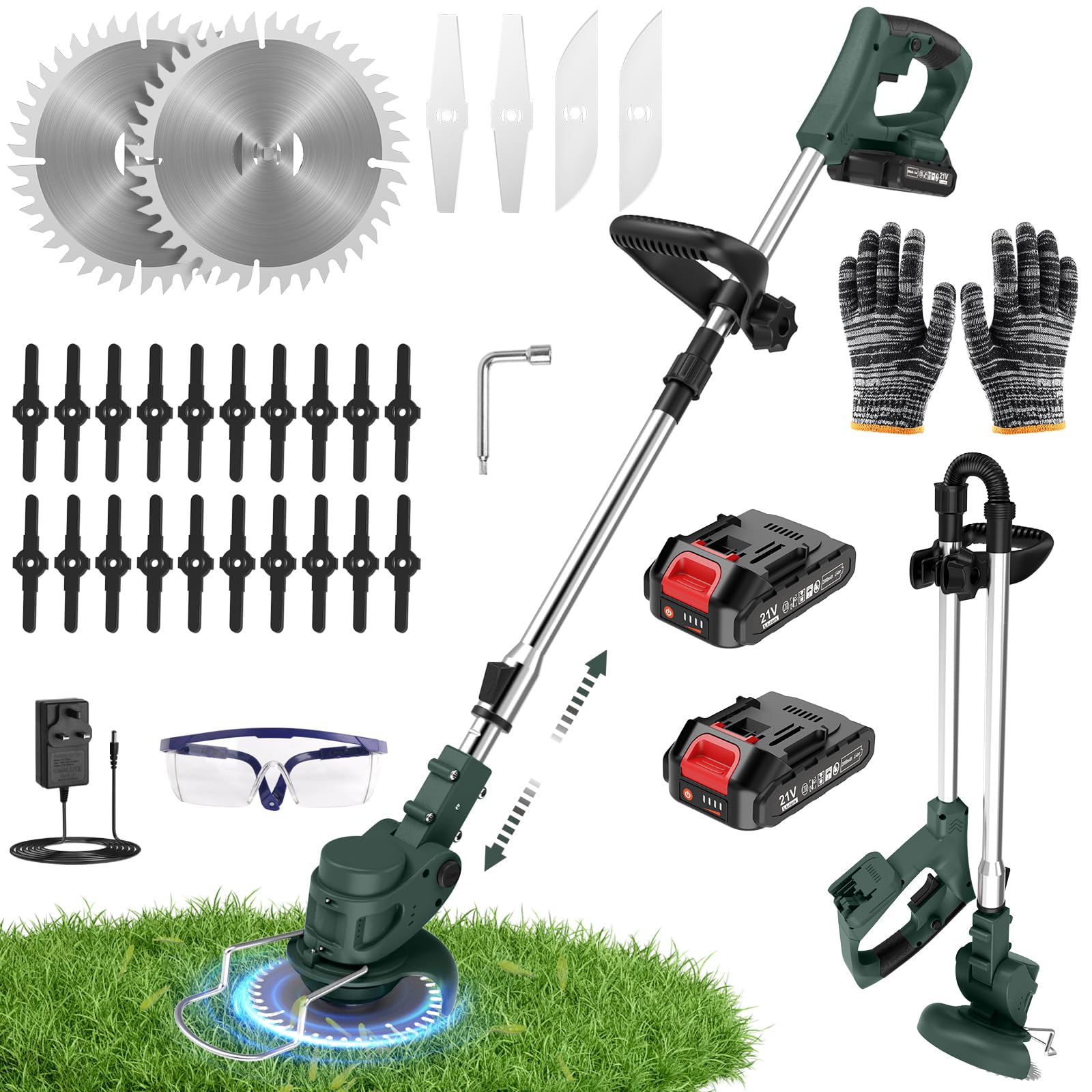 21V Cordless Strimmer, 700W Grass Trimmer with 2x 2000mAh Batteries, Lightweight Foldable Battery Strimmers Cordless with 26 Blades,90° Adjustable Head for Garden Lawn Weeding - Deep Orange — view 9