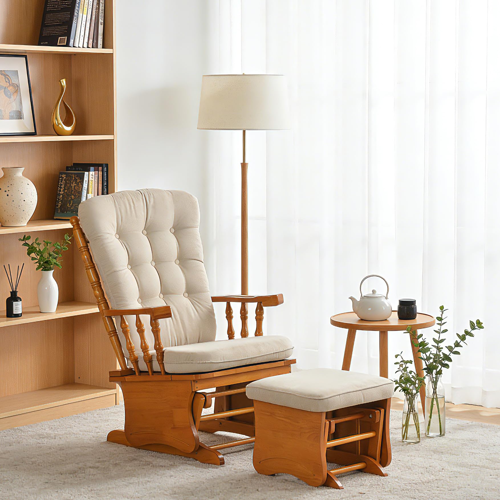 Solid Wood Nursery Glider and Ottoman Set, Anti-Pinch Safe Rocking Chair with Padded Cushion, Rustic Rubber Wood Glider for Nursing Mother, Living Room, Bedroom, Yellow Brown