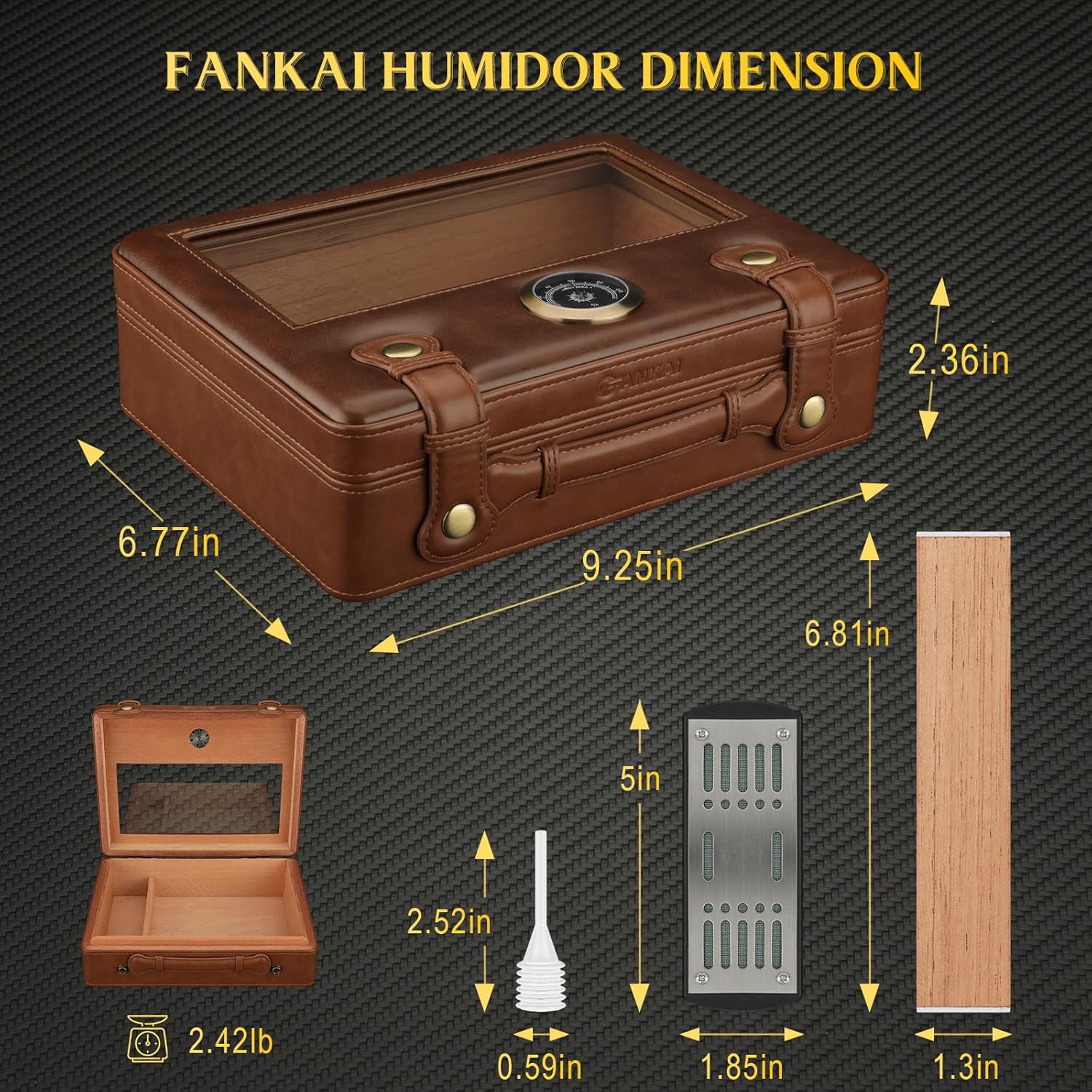 Cigar Humidor, Travel Accessories, Portable Cigar Humidor Box with Glass Top, Humidifier Hygrometer Gauge, Cedar Wood Lining up to 50pcs Cigars Large Humidor - Image 3