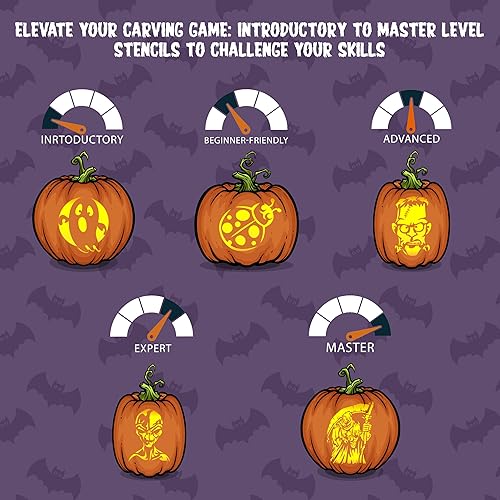 Miniatura 7 de Kit de fiesta de tallado de calabaza de Halloween, 8 cuchillos, cucharas, hojas de plantillas de bricolaje, cubos intestinales y cubierta de mesa,