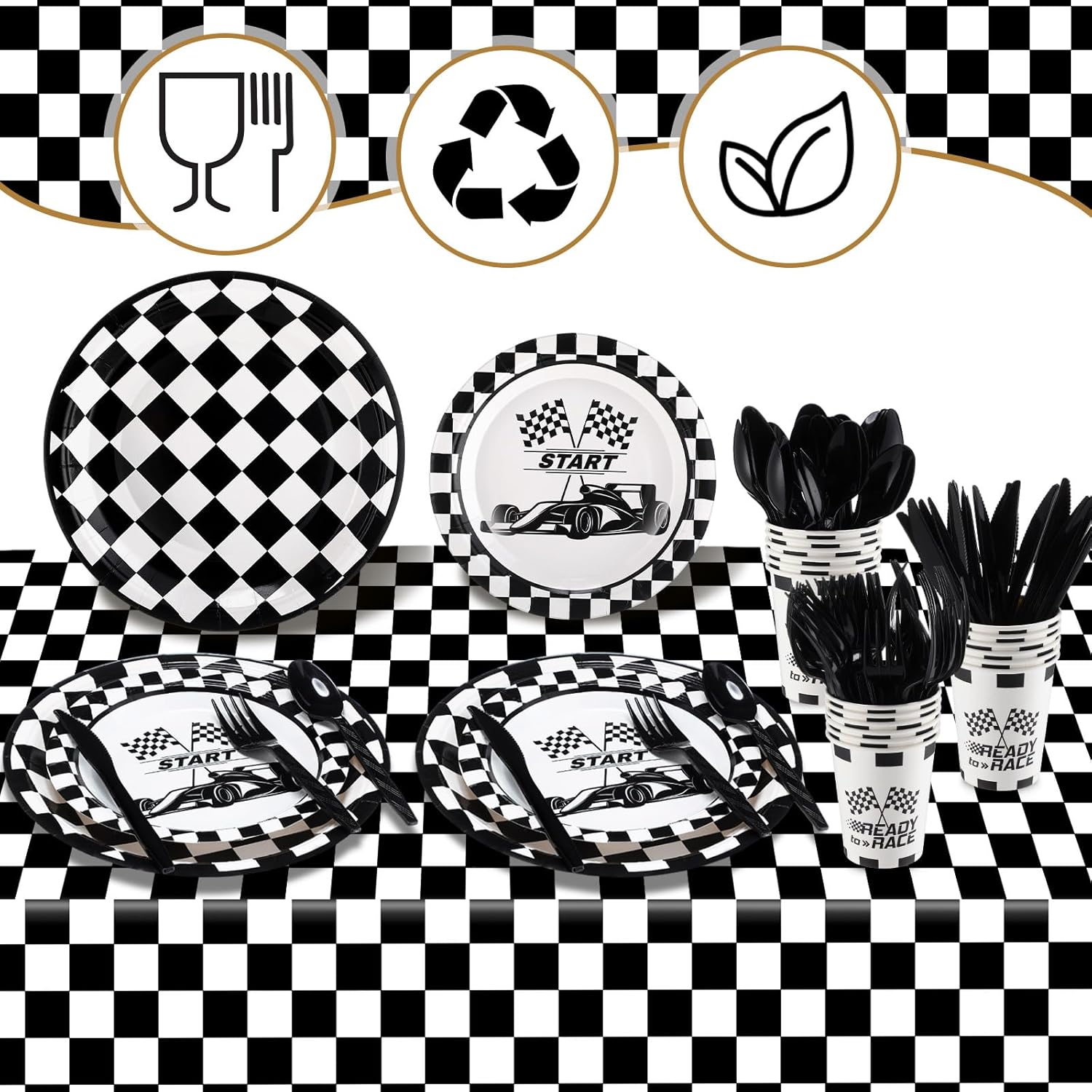 Yaomiao 147 Pcs Tableware Set Space Galaxy Race Car Birthday Party Decorations Disposable Tablecloth Paper Cup Plates Set for 24 Guests Baby Shower Party Supplies (Black and White,Race Car)