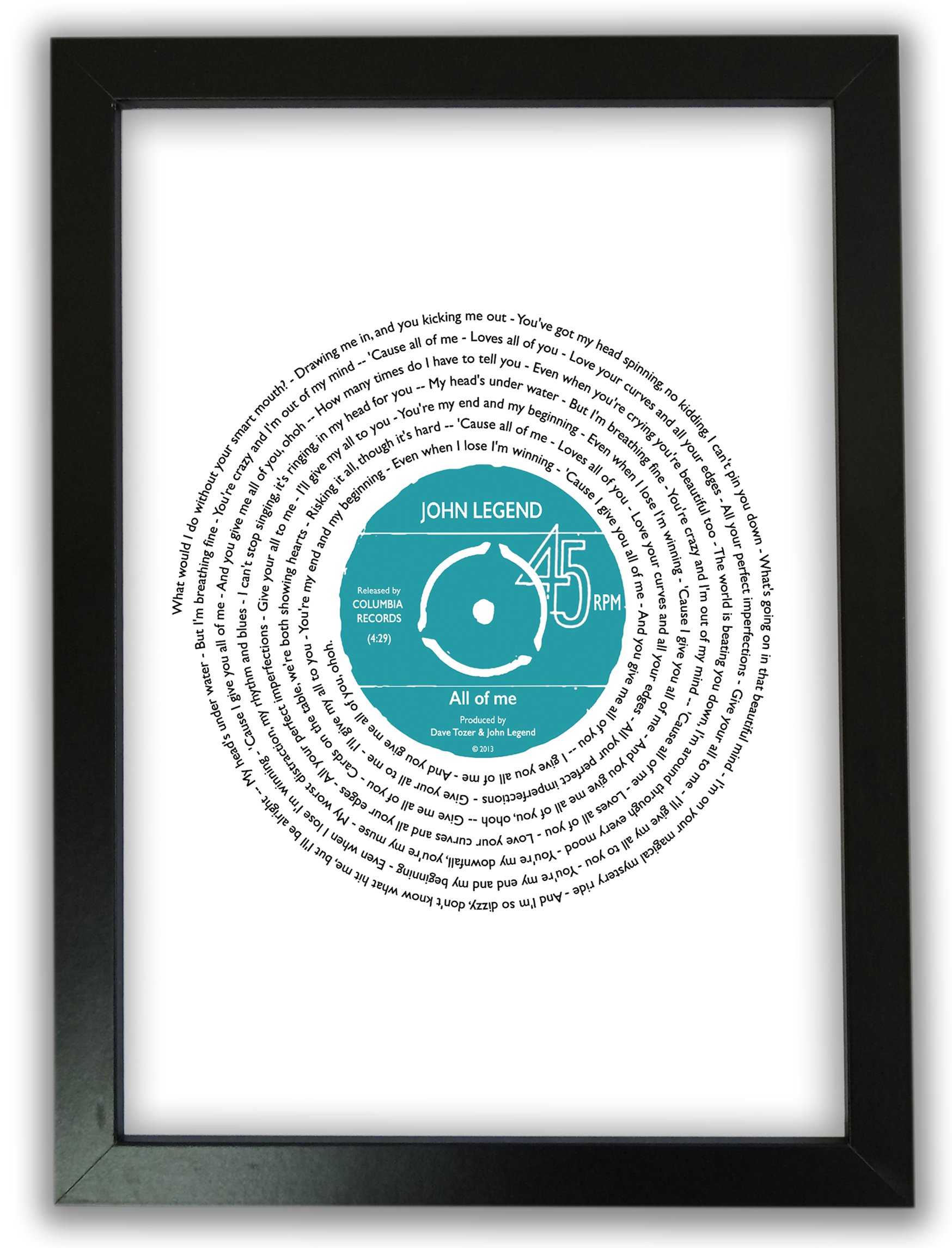 Favourite Song Personalised || ANY SONG WORDS or LYRICS || Vinyl Record Print FRAMED in BLACK A4 (21 x 30cm) Frame