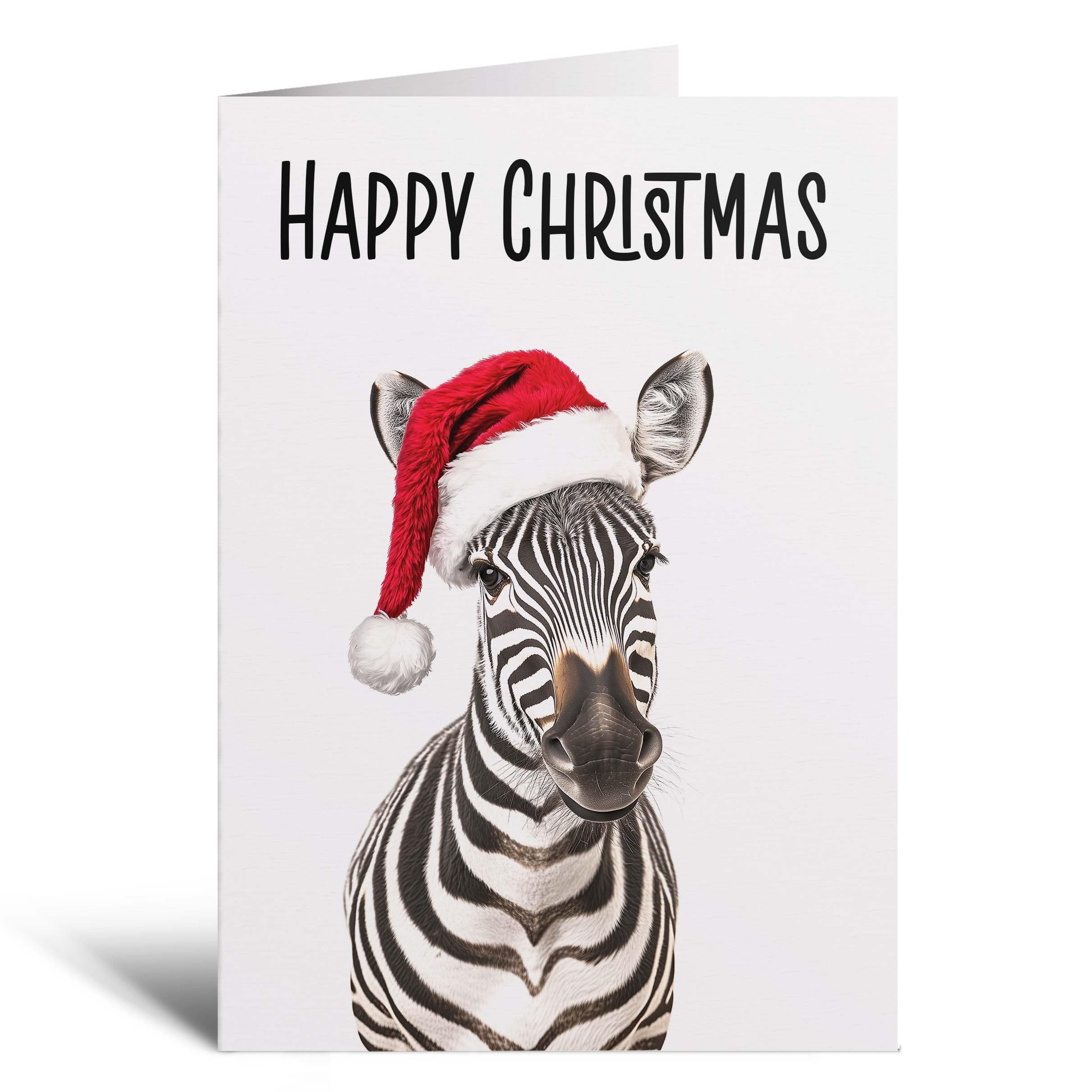 Postcard Prints - Fun Christmas Card of a Zebra Wearing A Santa Hat Whimsical Christmas Card For Animal Lover For Him or Her - 3 Cards