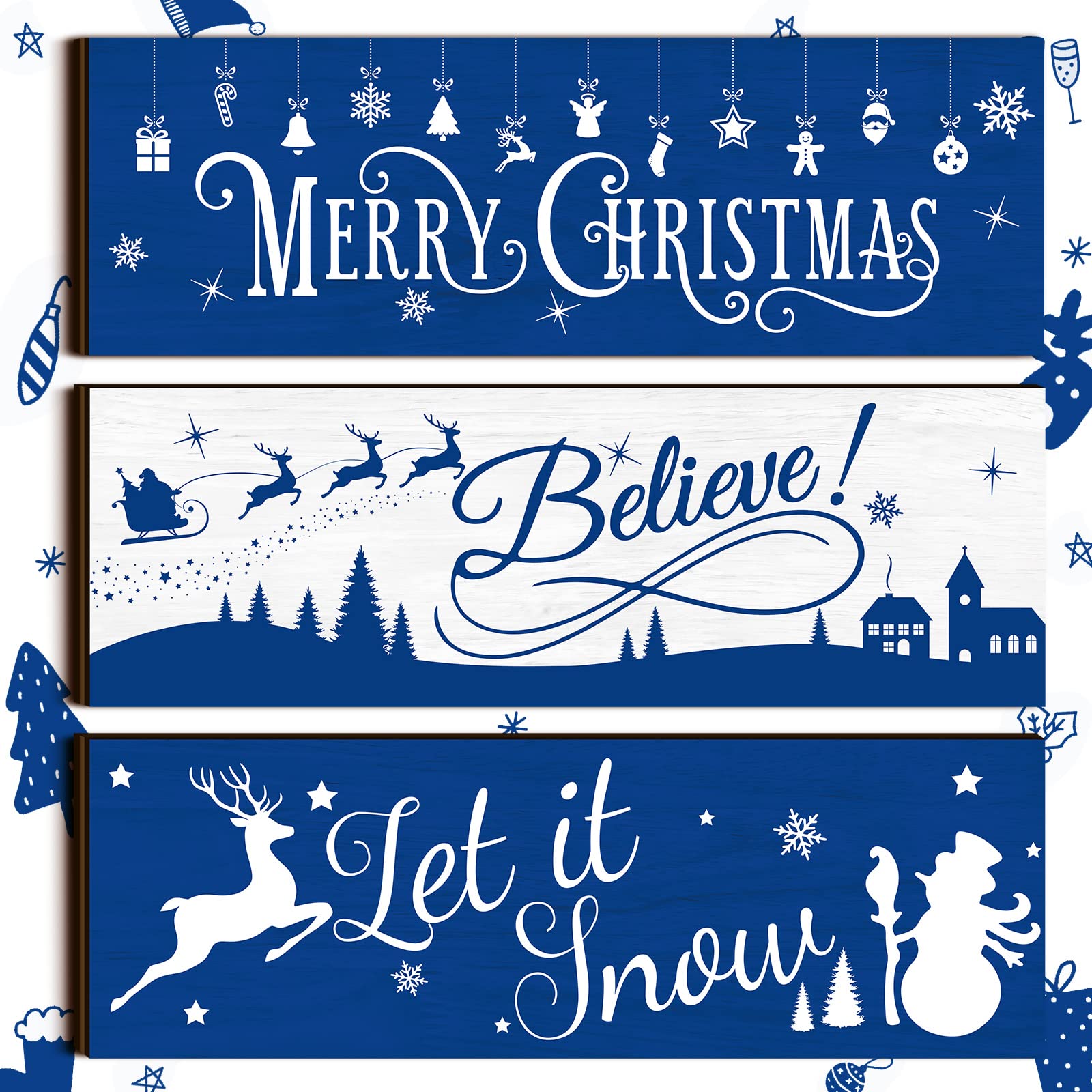 3 letreros colgantes azules de Navidad de madera rústica con copos de nieve para colgar en la pared, adornos y placas de madera para Navidad, vacaciones, invierno, decoración del hogar