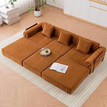 98.8 Convertible Folding Sofa Bed with Storage Pocket, Modular Sectional Couch with 3 Throw Pillows, Boneless Couches for Living Room, Bedroom, Guest Accommodation, 3 Seater Couch, Orange