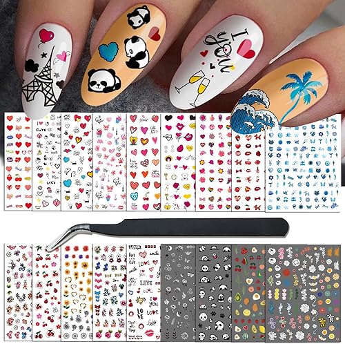 18 hojas de calcomanías para arte de uñas, calcomanías para mujeres y niñas pequeñas, diseño de panda, colorido, caricatura, fuego, sol, flor, disponible en Yaxa Peru