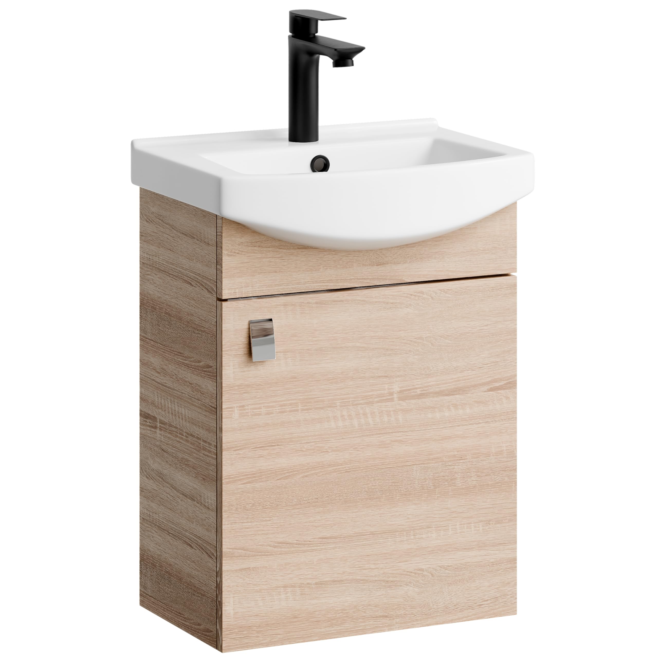 Planetmöbel Set di mobili da bagno lavabo con mobiletto 45 x 60 x 33 cm con rubinetto nero per bagno e WC ospiti, rovere Sonoma