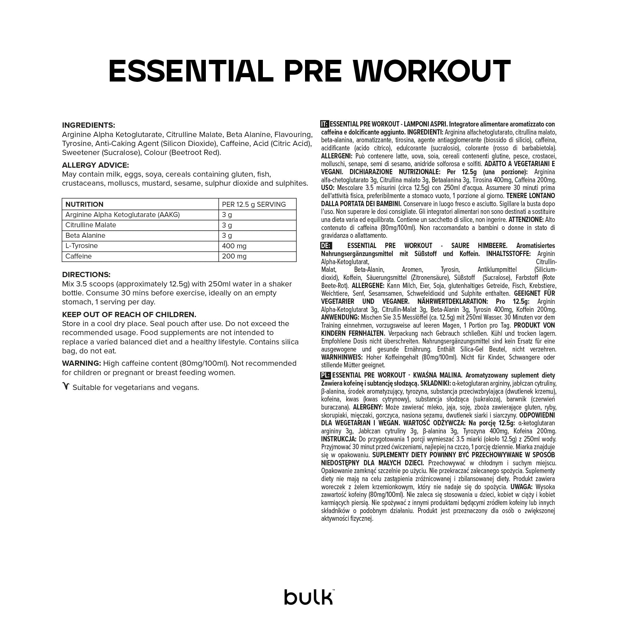 Bulk Essential Pre-Workout, Sour Raspberry, 375 g