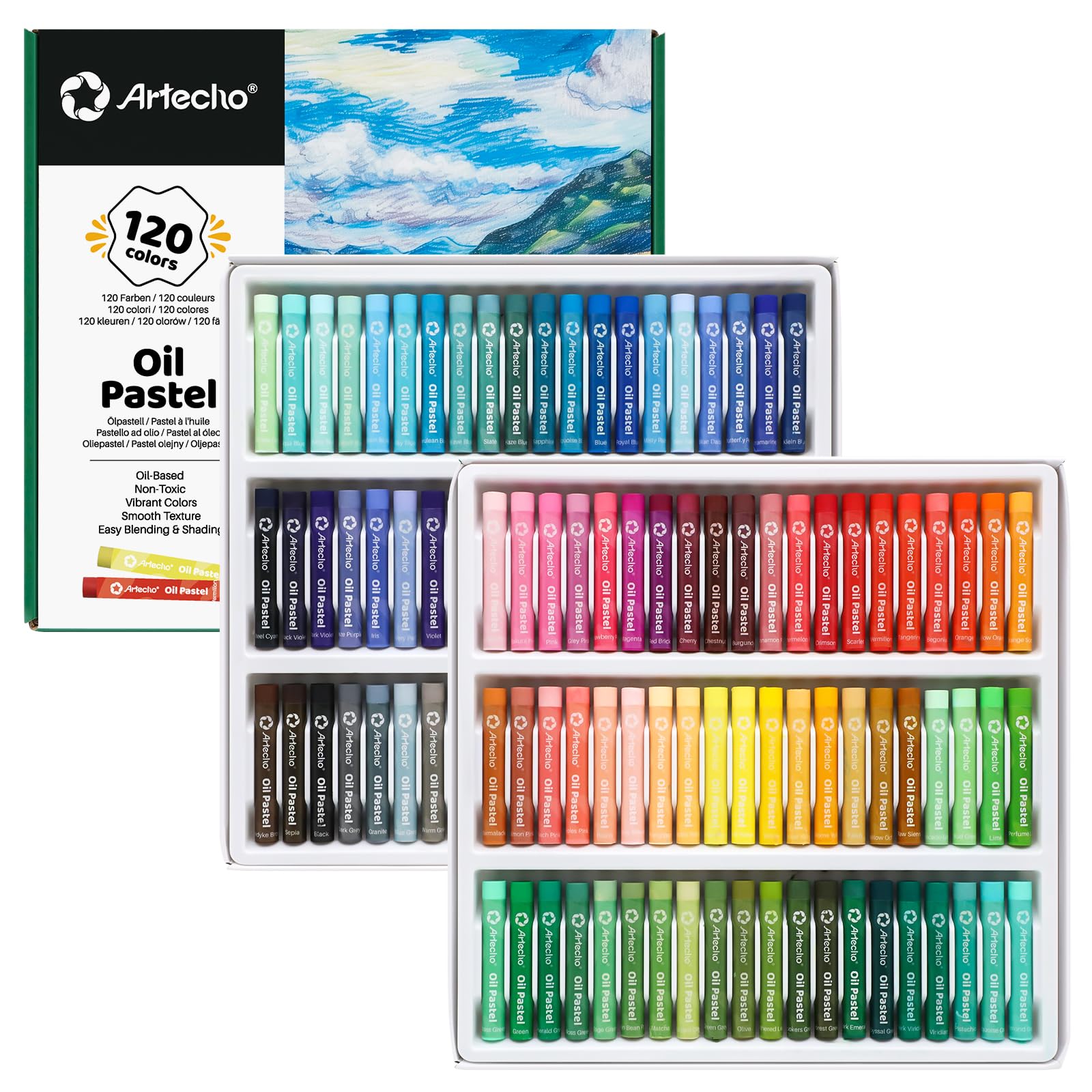 Artecho Oil Pastels Set of 120 PCS (8 x 60 mm), Soft Oil Pastels for Art Painting, Drawing, Blending, Art Supplies for Artists, Beginners, Students, Teachers