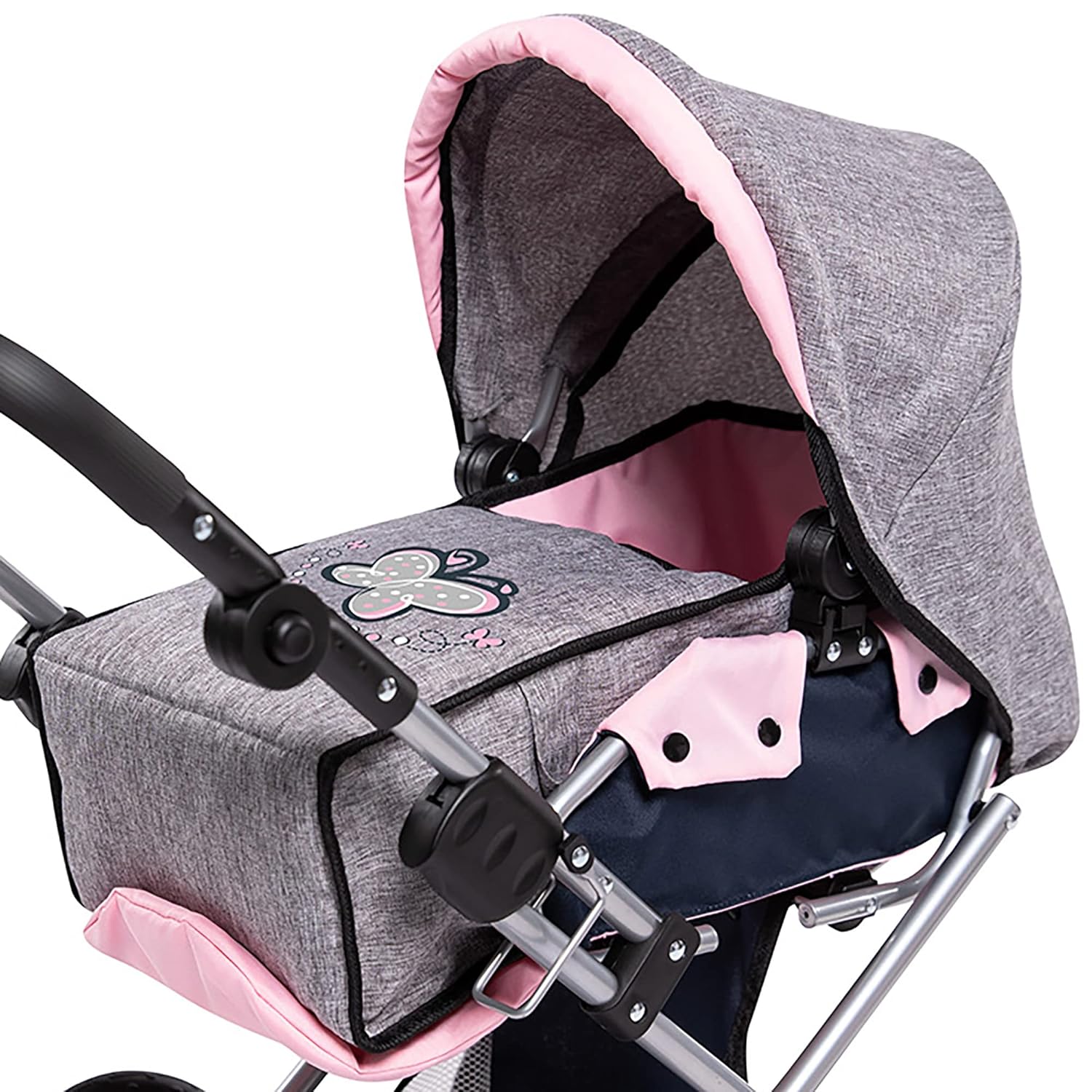 Bayer: Pram City Star - Grey, Pink, Butterfly - Matching Handbag, Convertible to A Pushchair, Adjustable Handle, Foldable