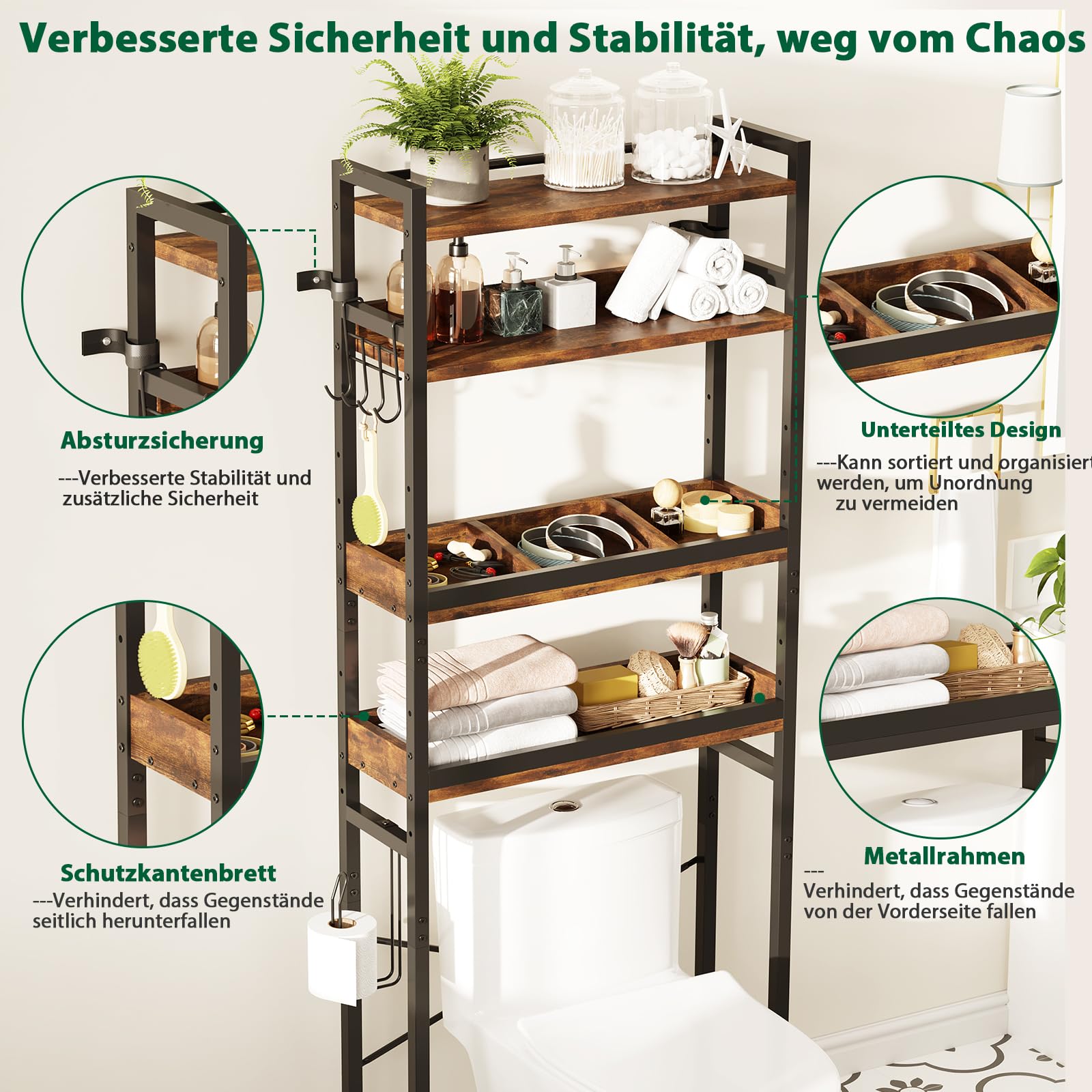 Dripex Scaffale per WC a 4 livelli, organizer da bagno sopra la toilette, scaffale per lavatrice, ripiani regolabili in altezza (marrone)