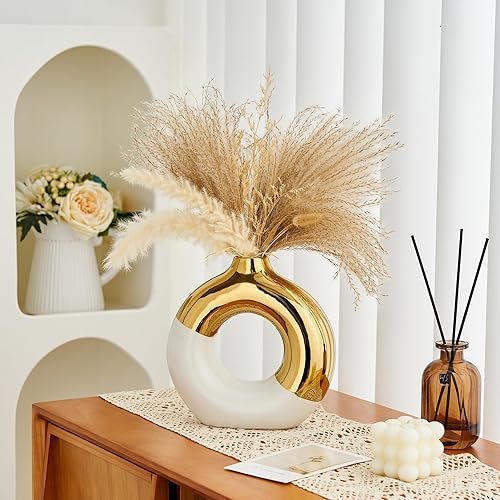 Miniatura 2 de FJS Jarrón redondo de cerámica de 8 pulgadas de largo x 8 pulgadas de alto, blanco y dorado para hierba de las pampas, jarrones modernos nórdicos