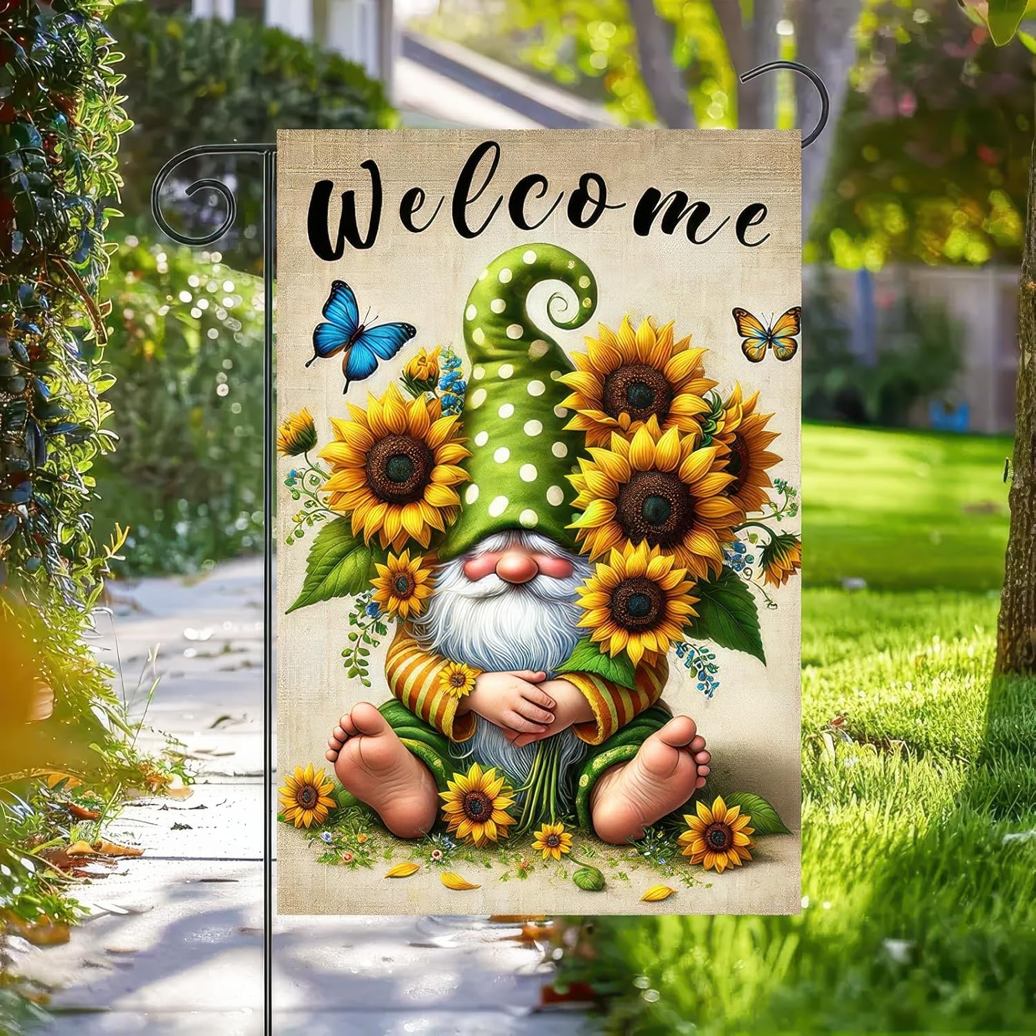 Welcome Spring Gnome Garden Flag Double Sided 12x18 Flag Spring Summer Garden Flag Sunflower and Bee Gnome Funny Spring Farmhouse Yard Flag Seasonal Holiday Outdoor Outside Decoration - Image 2