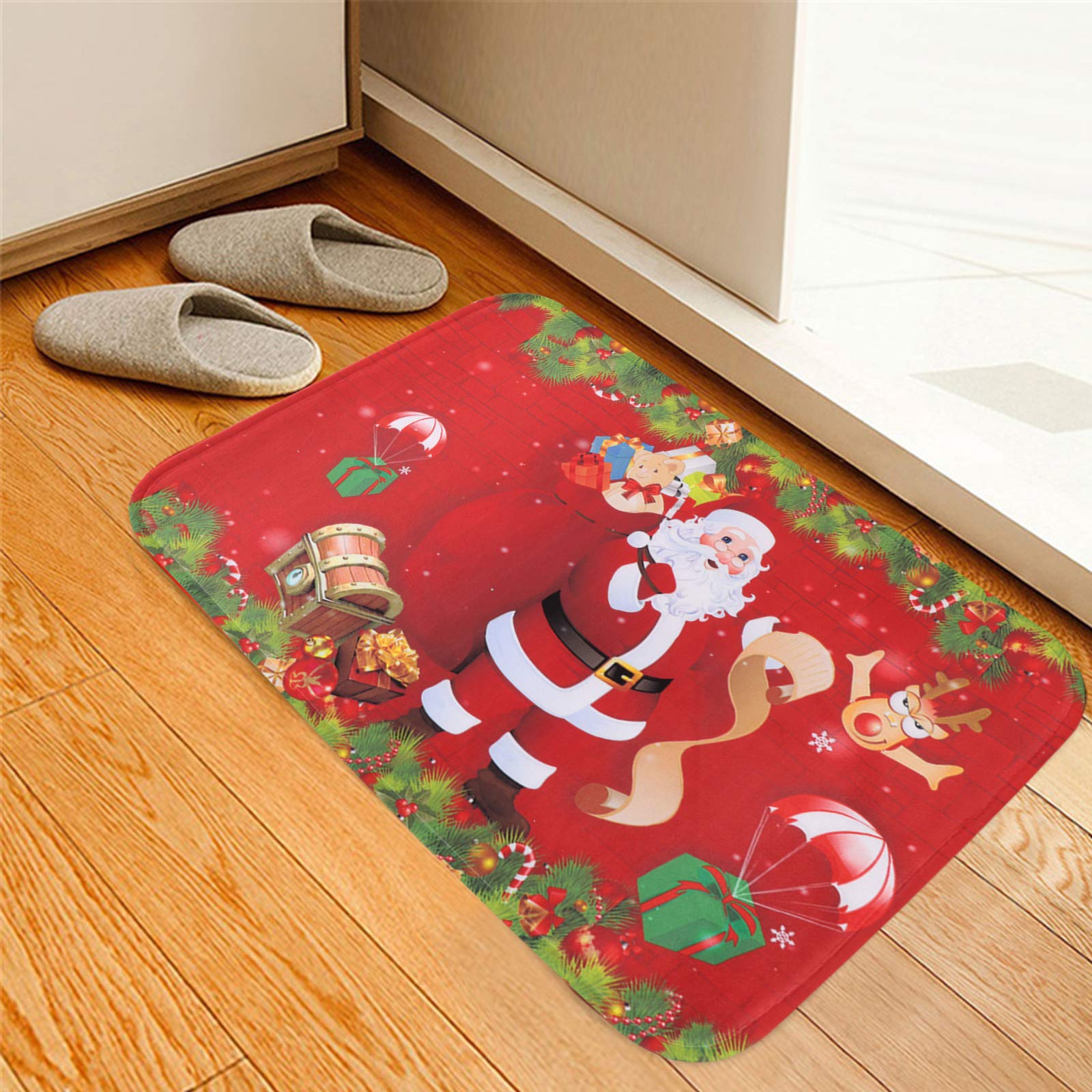 BHGT 2PCS Tapis de Noël Paillassons Tapis de Passage Antidérapante Carpettes pour Salon Bain Cuisine Décoration Maison Chambre (Père Noël + Renne)