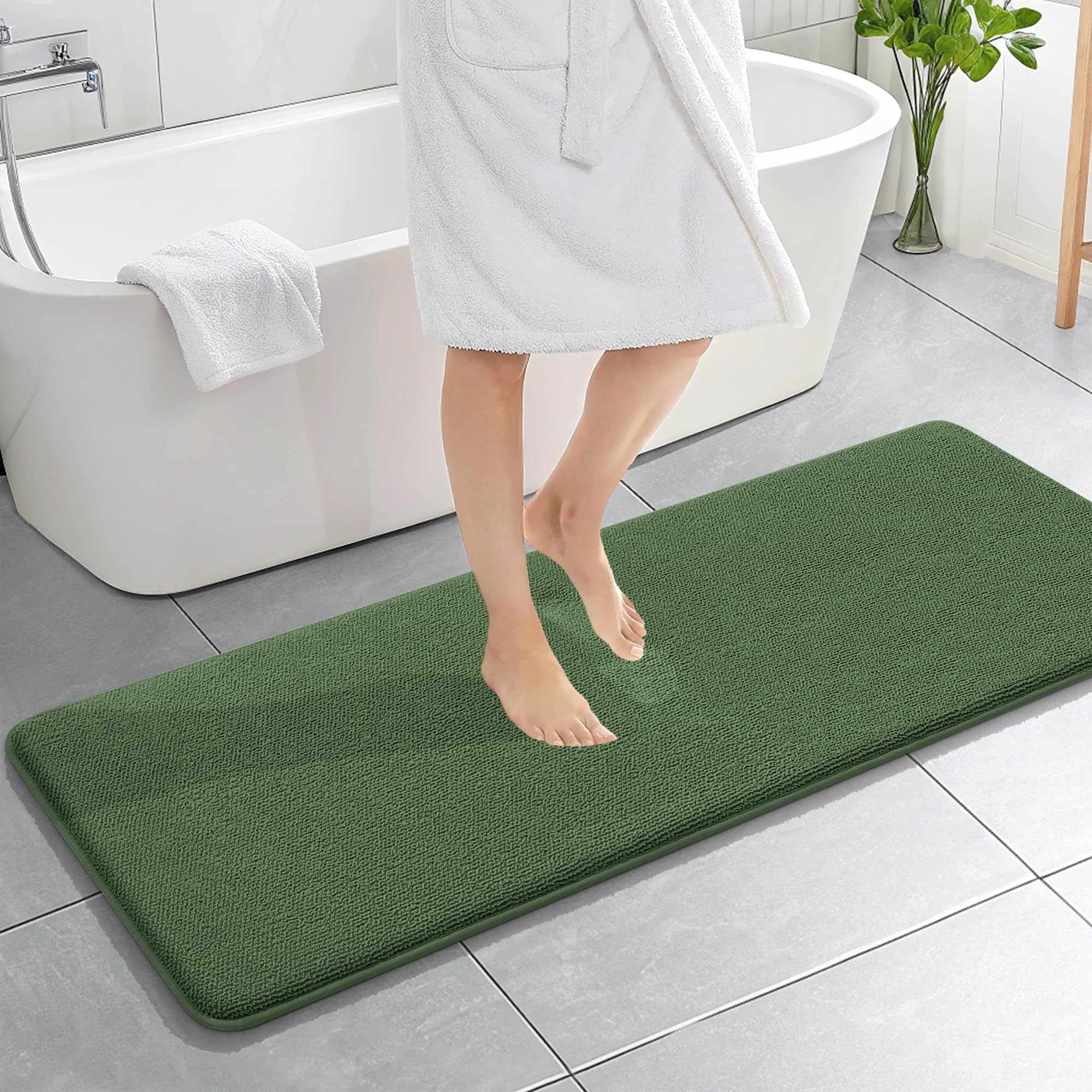 OLANLY Memory Foam Bathroom Runner Rugs 59x20, Long Bath Mats, Olive Green