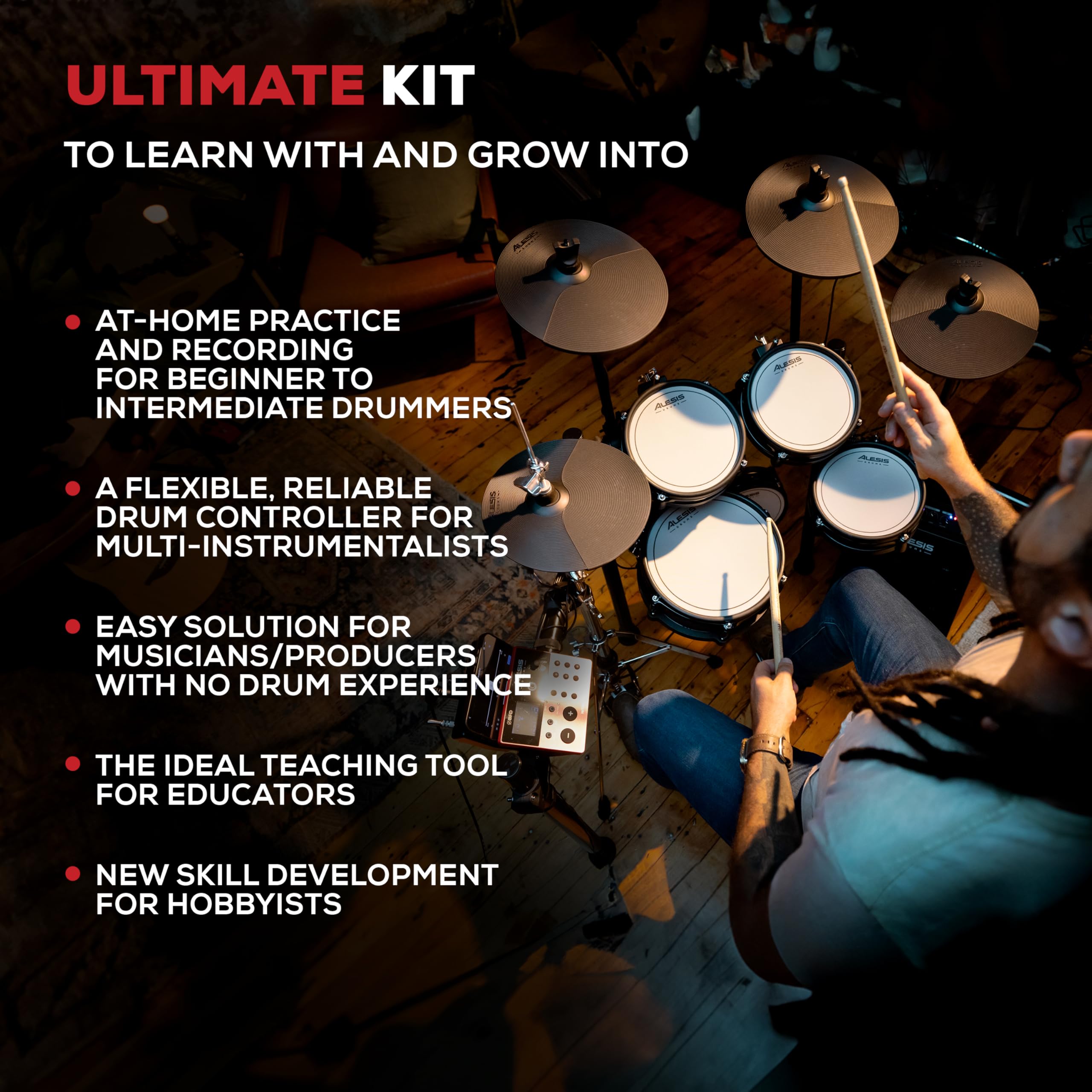 Alesis Nitro Ultimate Elektroniczny Zestaw Perkusyjny z Podwójnymi Padami Siatkowymi, Niezależnym Hi-Hatem, 640 Brzmieniami BFD 52 Zestawami, Bluetooth, Drumeo, USB MIDI, Podwójną Stopą Basową