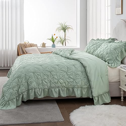 Miniatura 6 de Andency Juego de edredón de 3 piezas de color verde salvia, tamaño King, juego de edredón plisado con volantes, estilo bohemio, desgastado y