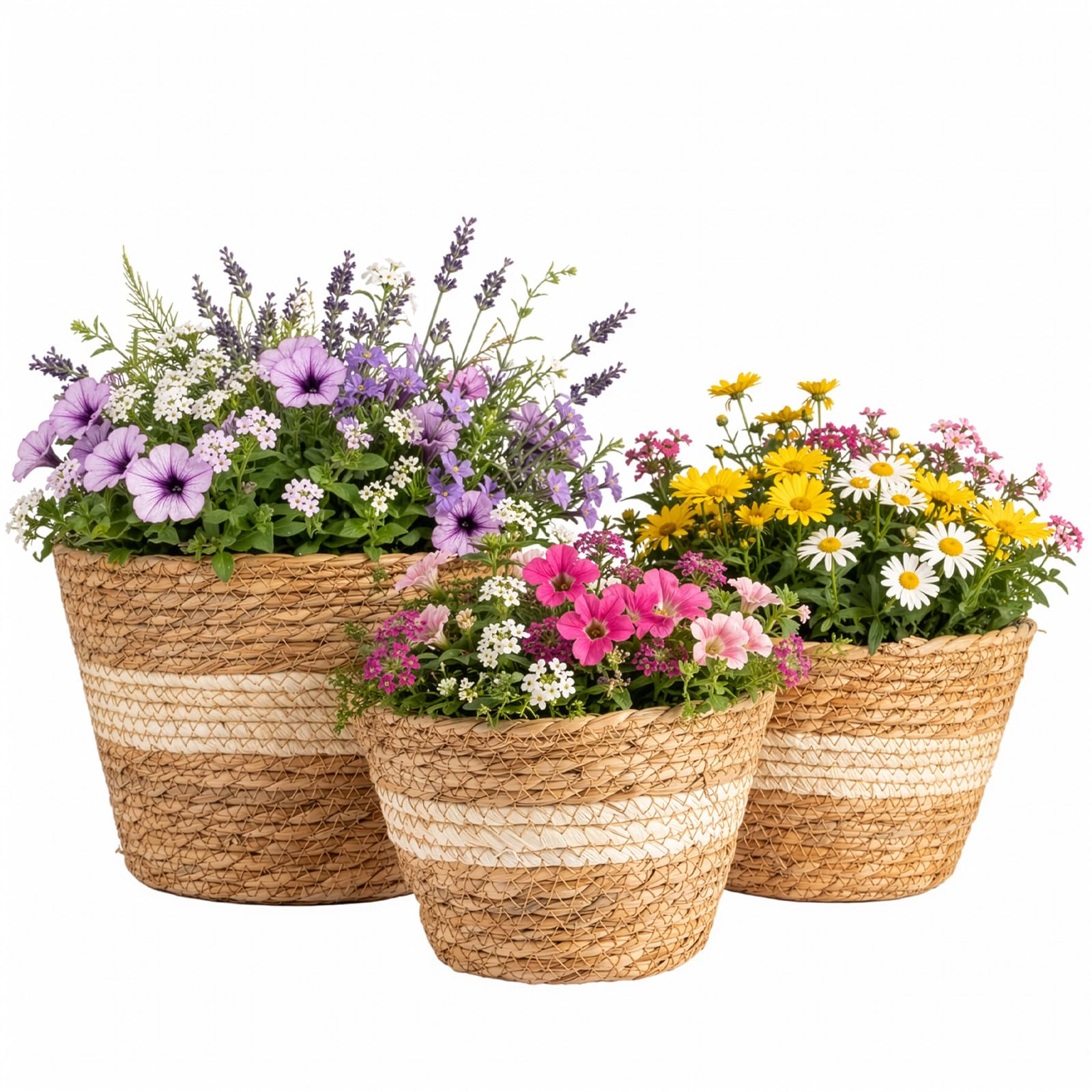 GREENSAPPIRE 3 Pcs Wicker Plant Pots Seagrass Planter Basket, Flower Pots Cover, Hand-Woven Planters for Plant Pot Basket in Indoor or Outdoor (Color-block 3PCS)