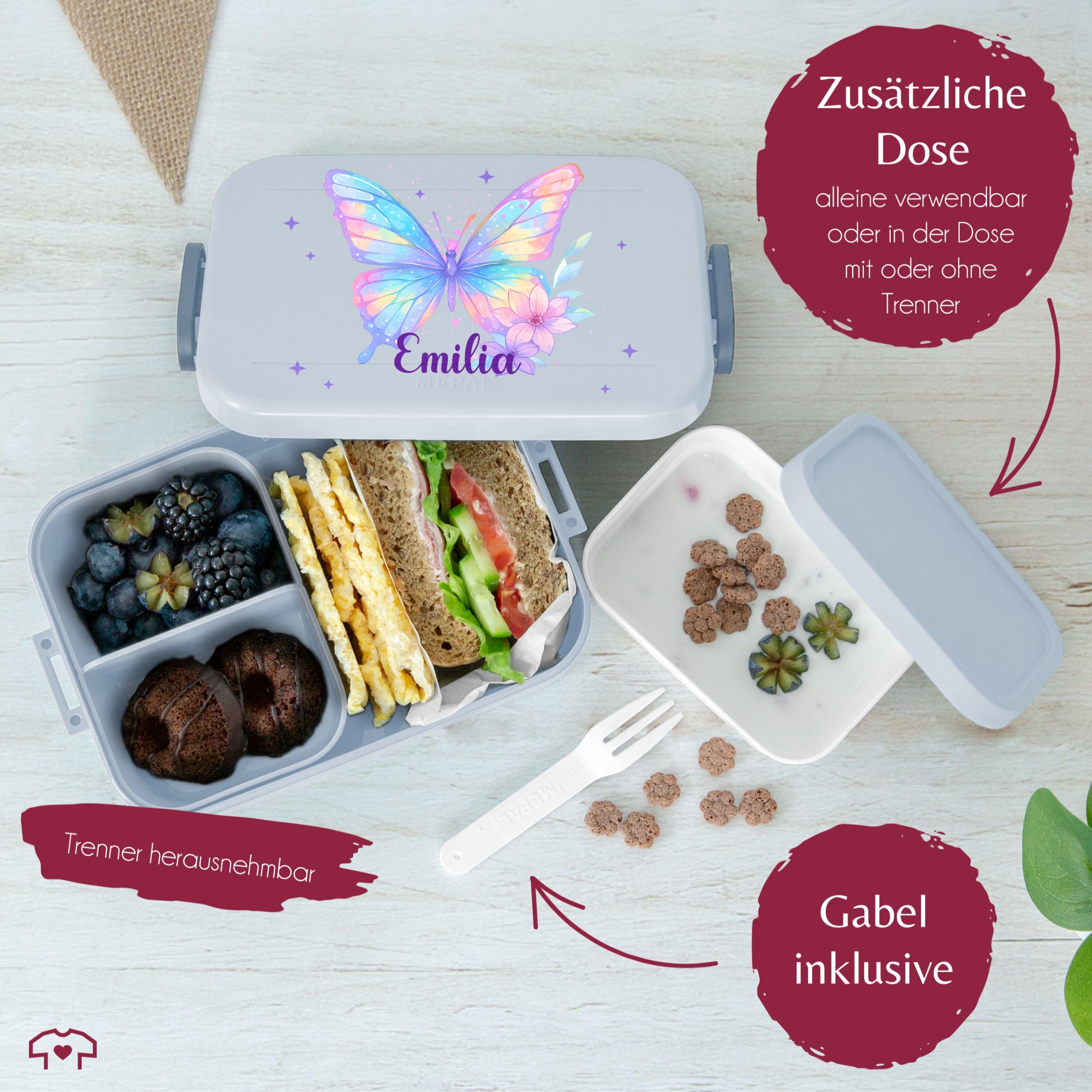 Kinder Bento Box Midi Lunchbox für Mepal Bentobox - Brotbox Schmetterling Schulkind Geschenk mit Name und Jahreszahl personalisiert I Einschulung Geschenk Schuleinführung I Schulanfänger - 900 ml