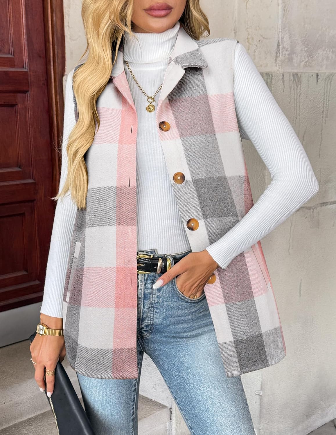 Zeagoo Plaid Vest for Womens Casual Sleeveless Flannel Jacket Lapel Button Down Shirt with Pockets 2025 Fall Clothes - Image 4