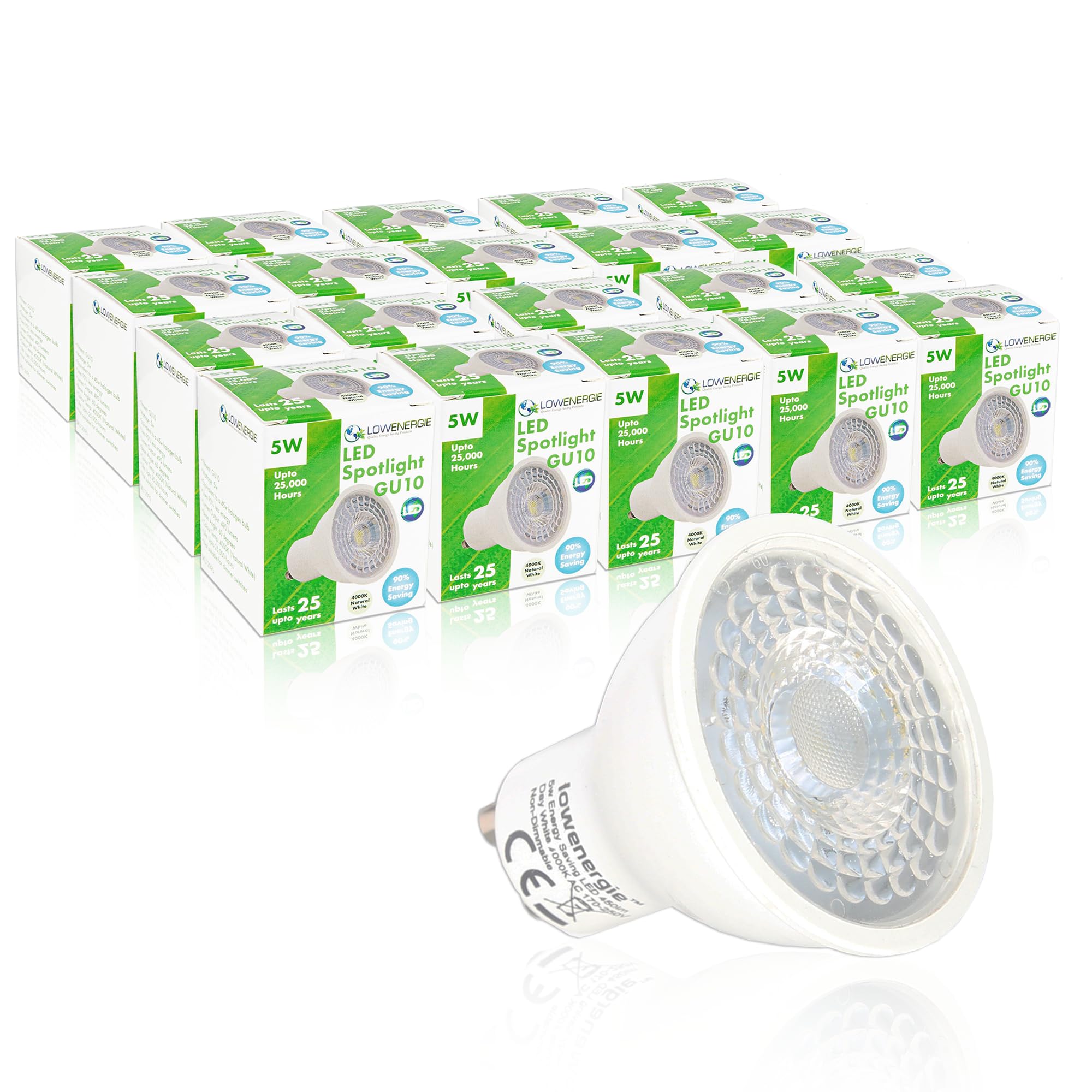 LOWENERGIE 5W GU10 LED Spotlight Bulbs – Pack of 20 Natural White 4000K Downlights [Energy Class F]