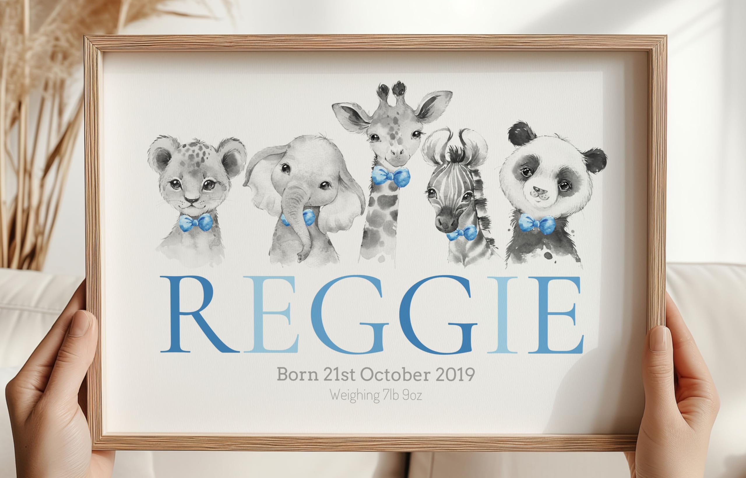 Eviepops Prints Safari Animals Boys Nursery Bedroom Unframed Print, Personalised Name and Birth/Weight Details, Baby Gift Wall Art Decor Present, Blue Green Yellow, Giraffe Elephant Lion Zebra (A3) โ image 1