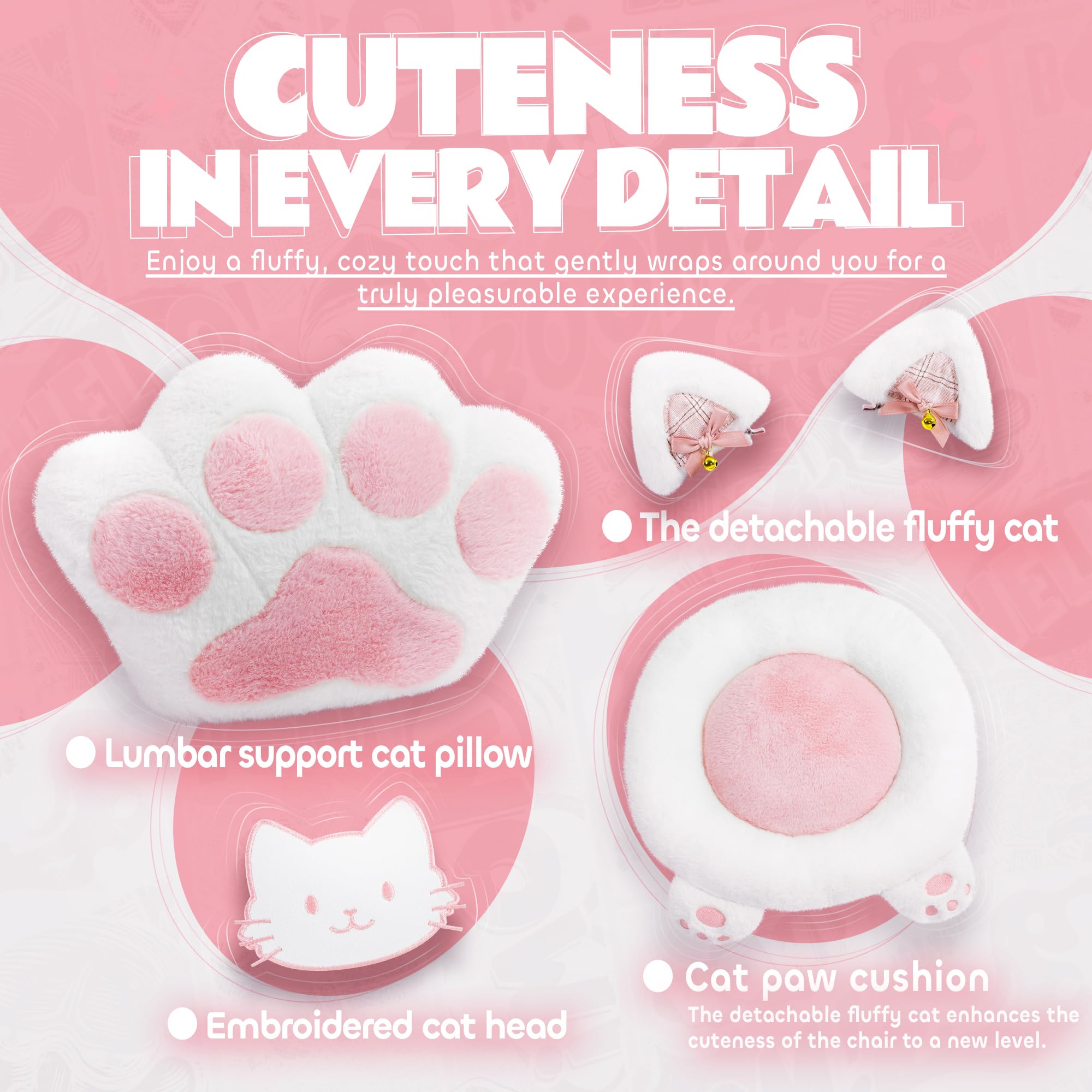 MEENICE Pink Gaming Chair Cute with Cat Ears Paw Lumbar and Cushion,Ergonomic Computer Chair with Footrest,Reclining PC Game Chair for Girl Computer Chair 300lbs for Adult: White&pink